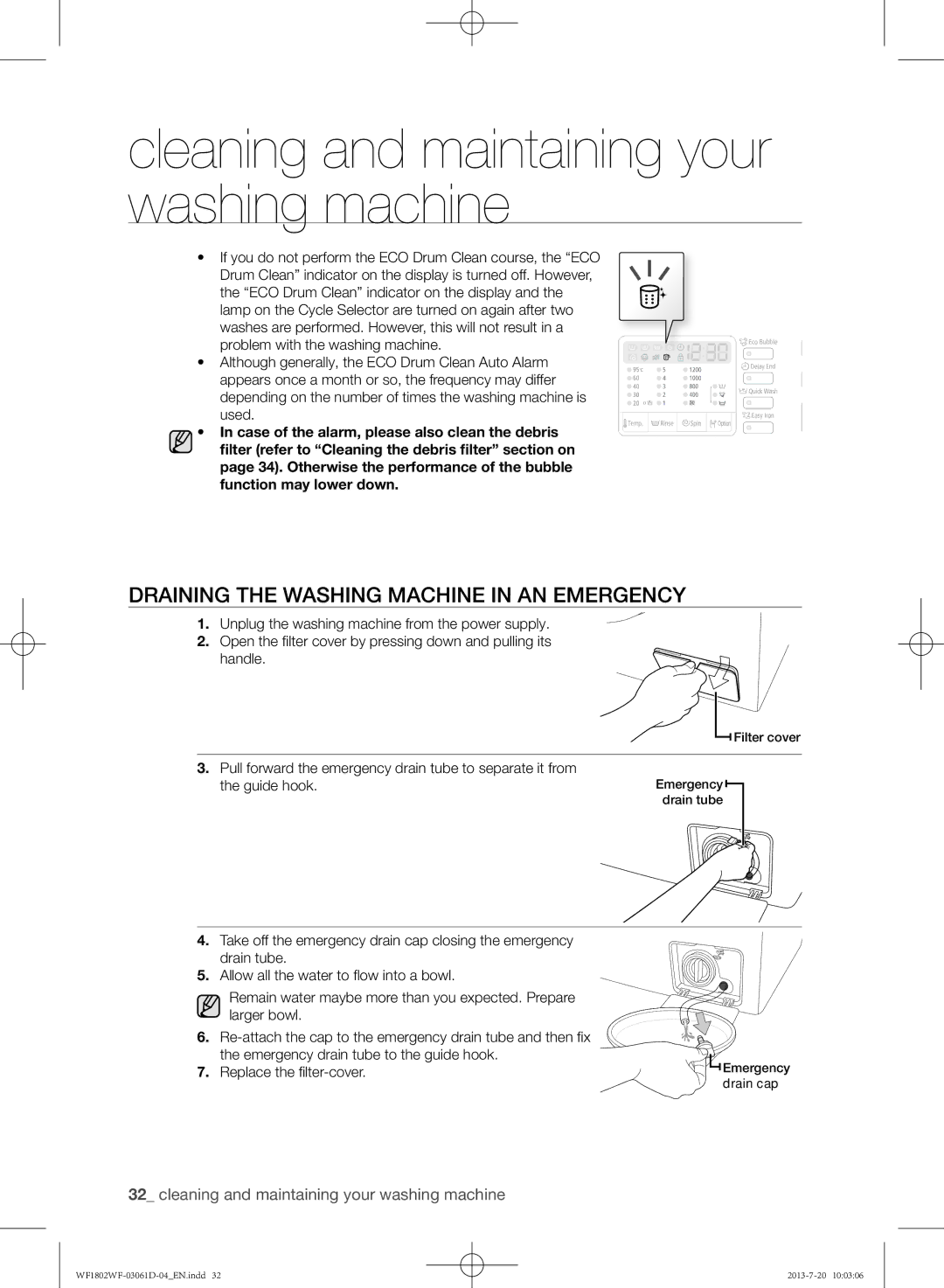 Samsung WF1802WFVS/YLE manual Draining the washing machine in an emergency 