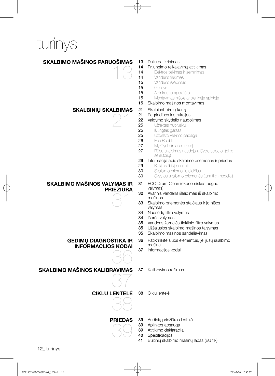 Samsung WF1802WFVS/YLE manual Turinys 