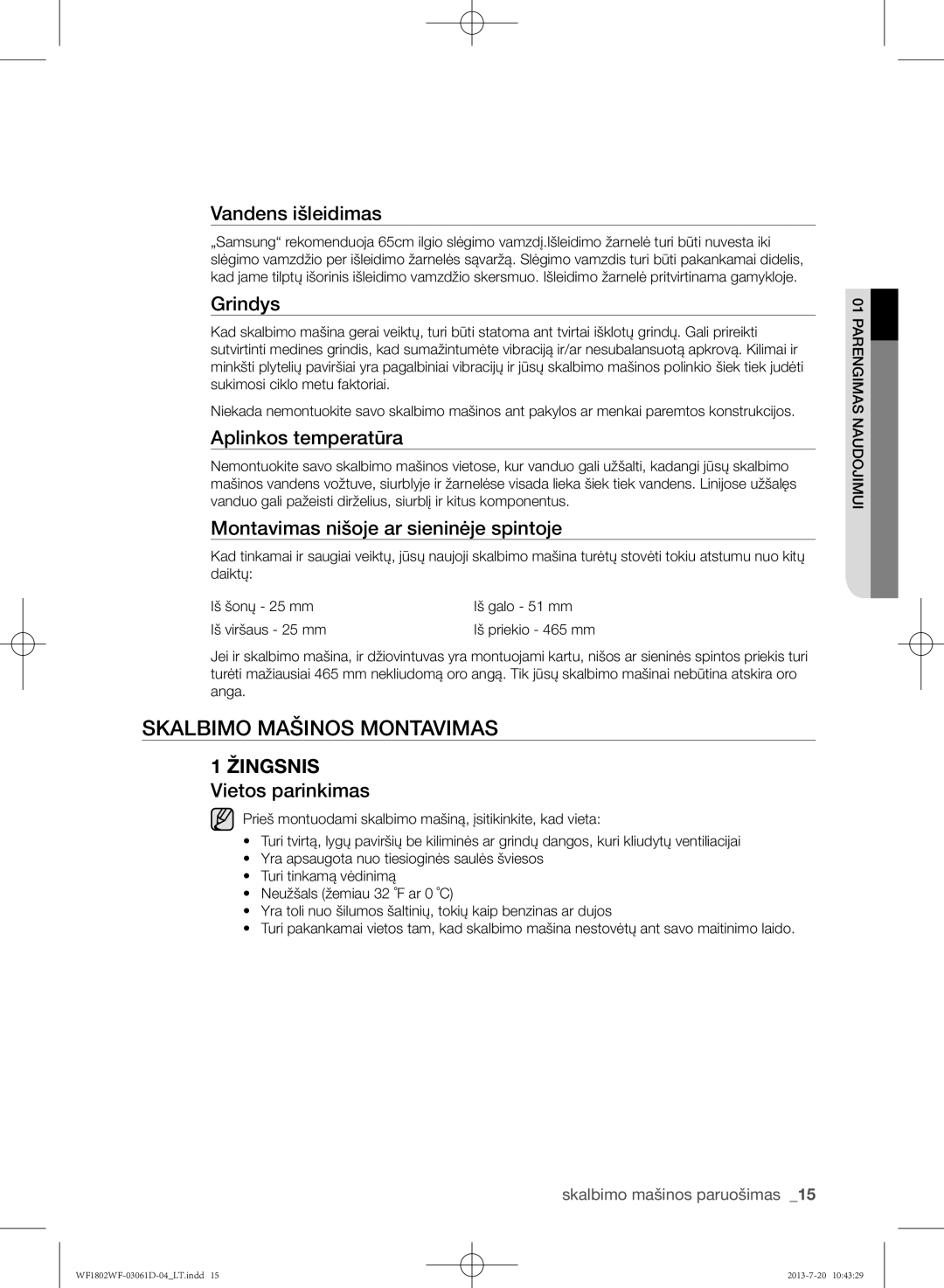 Samsung WF1802WFVS/YLE manual Skalbimo mašinos montavimas 