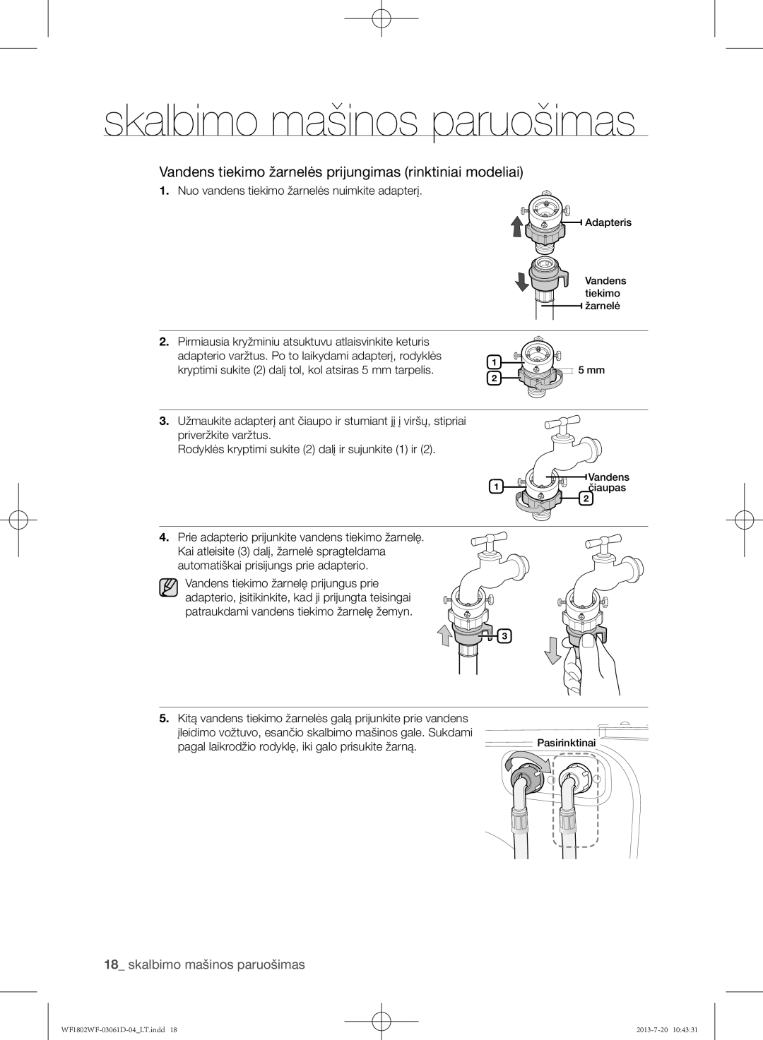 Samsung WF1802WFVS/YLE manual Vandens tiekimo žarnelės prijungimas rinktiniai modeliai 