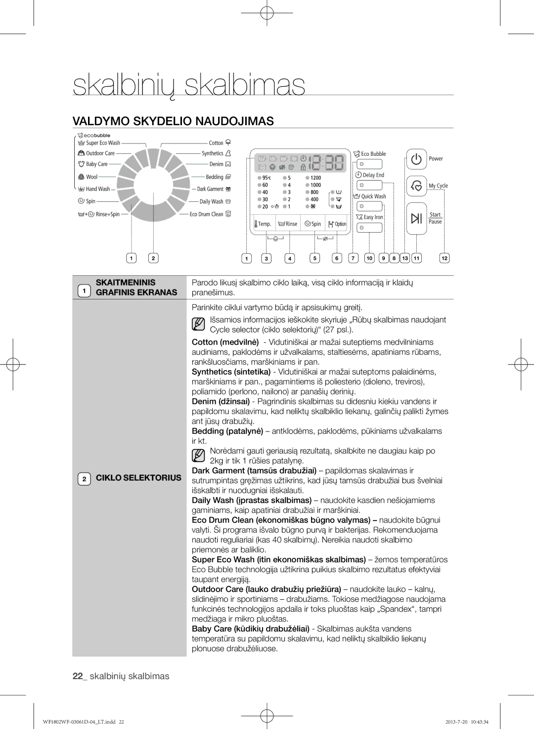 Samsung WF1802WFVS/YLE manual Valdymo skydelio naudojimas, Skaitmeninis, Grafinis Ekranas, Pranešimus, Ciklo Selektorius 