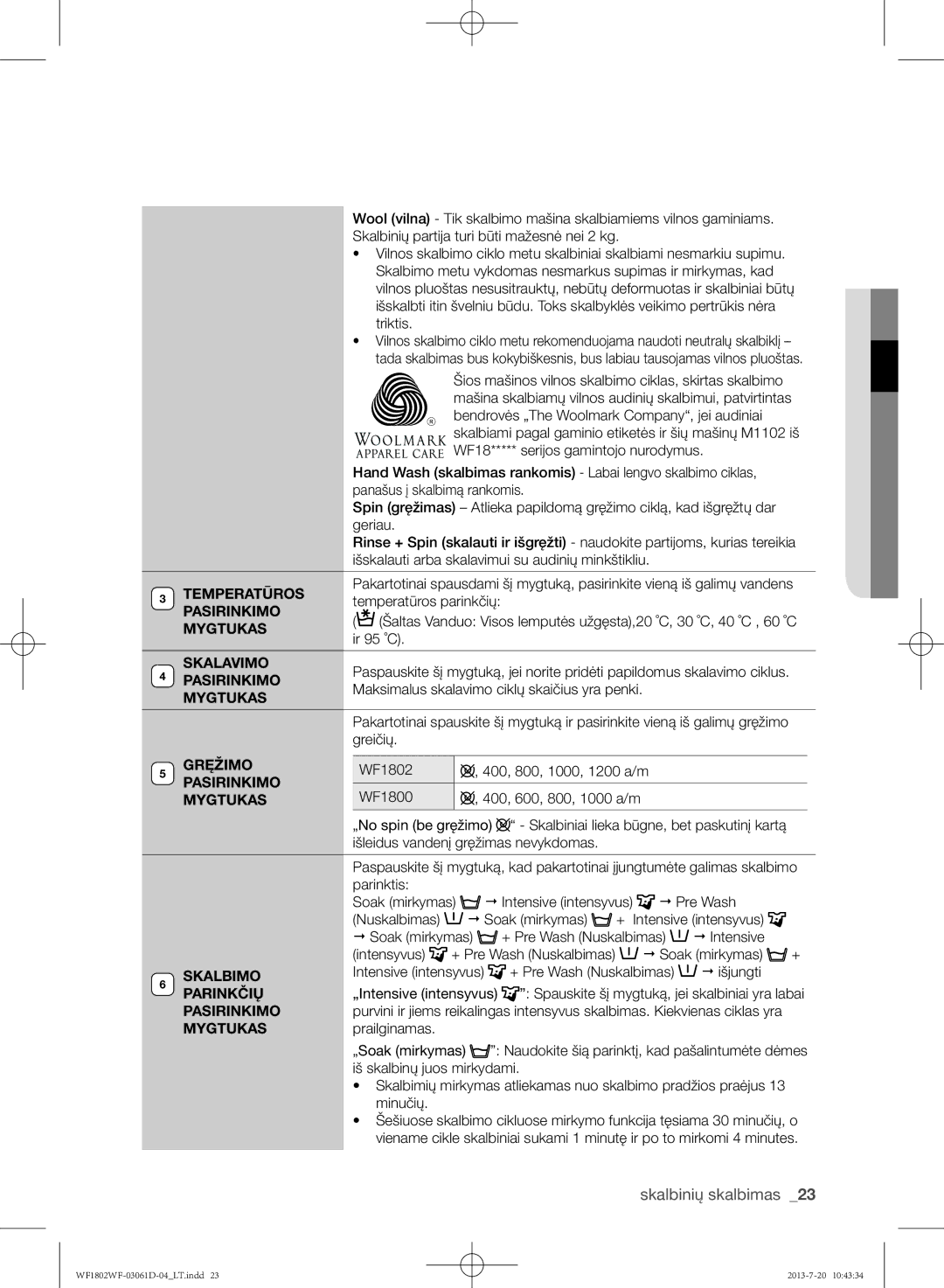 Samsung WF1802WFVS/YLE manual Temperatūros, Pasirinkimo, Mygtukas, Skalavimo, Gręžimo, Skalbimo, Parinkčių 