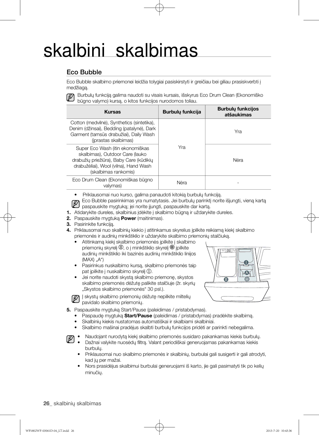 Samsung WF1802WFVS/YLE manual Kursas Burbulų funkcija Burbulų funkcijos, Yra 