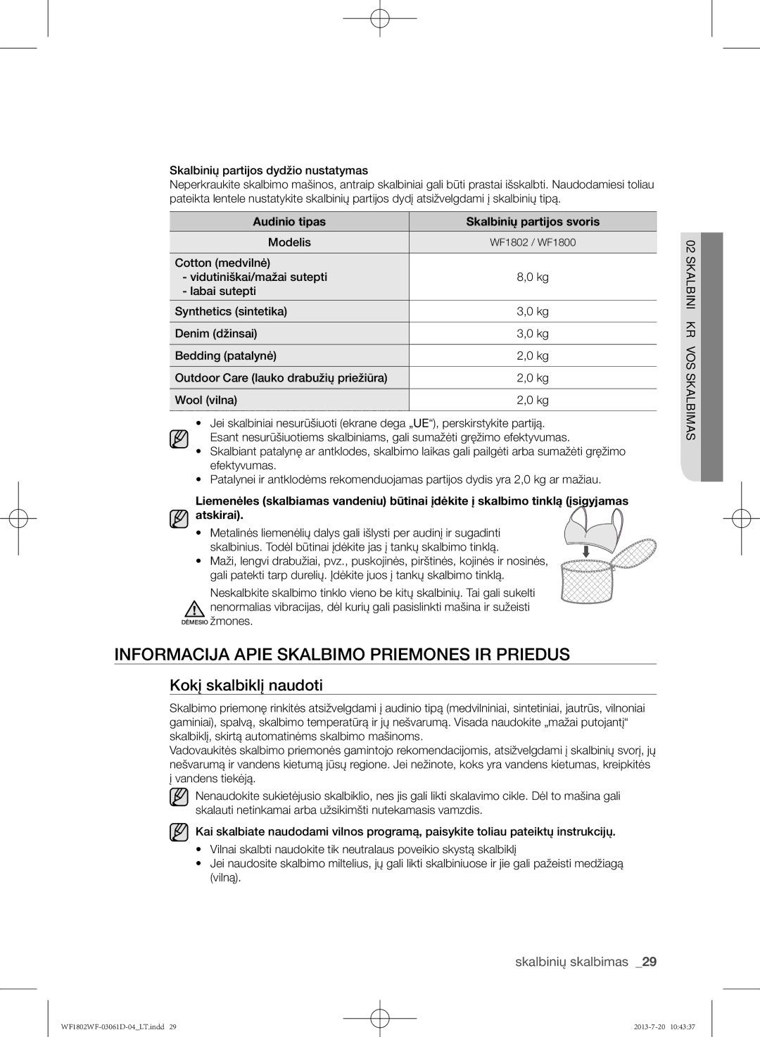 Samsung WF1802WFVS/YLE manual Informacija apie skalbimo priemones ir priedus, Kokį skalbiklį naudoti, Modelis 