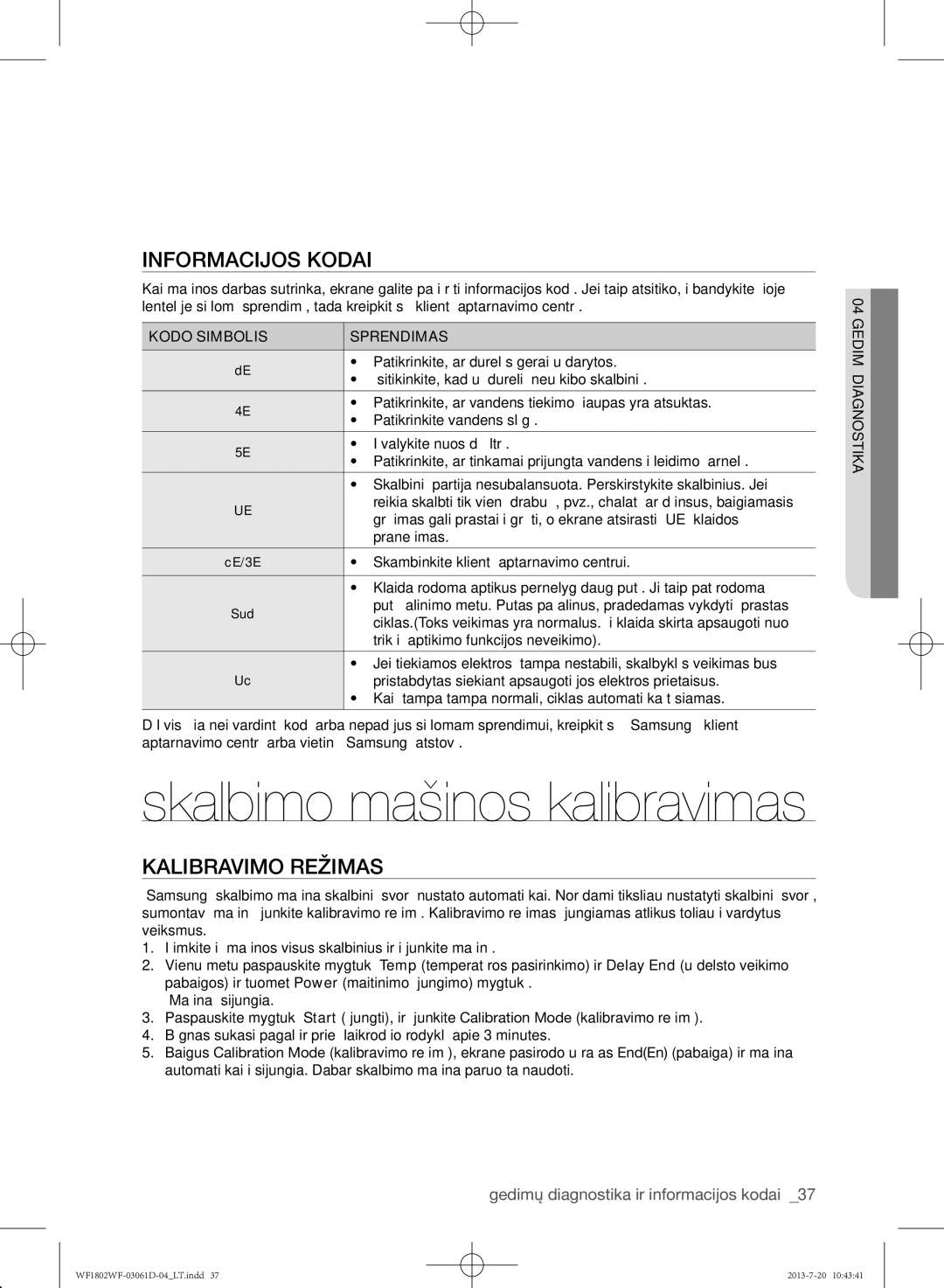 Samsung WF1802WFVS/YLE manual Informacijos kodai, Kalibravimo režimas, Kodo Simbolis Sprendimas 