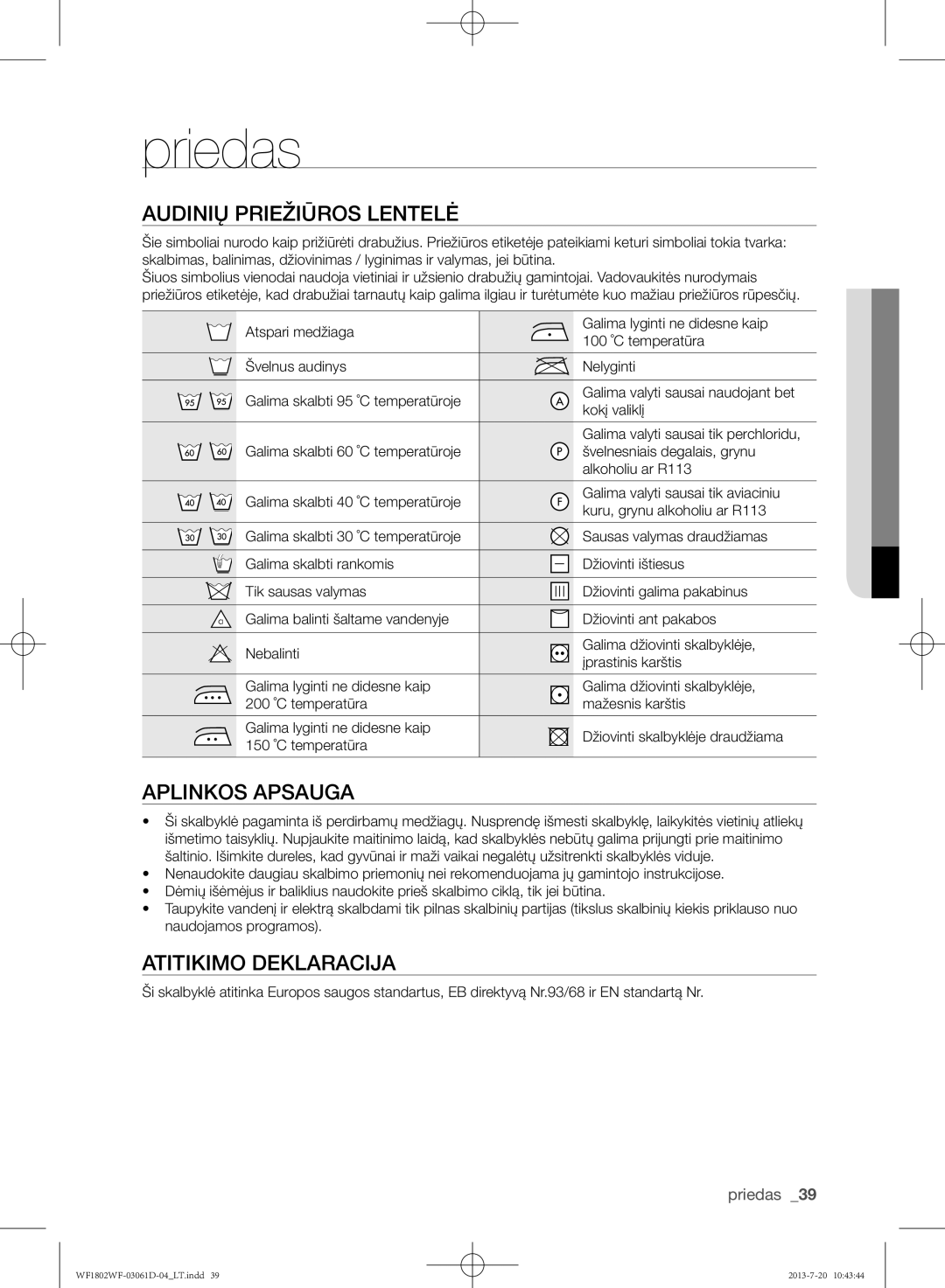 Samsung WF1802WFVS/YLE manual Priedas, Audinių priežiūros lentelė, Aplinkos apsauga, Atitikimo deklaracija 