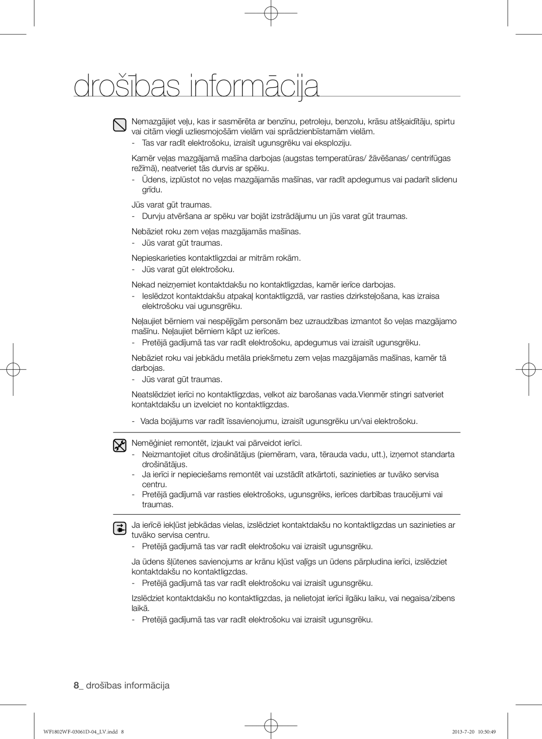 Samsung WF1802WFVS/YLE manual Drošības informācija 