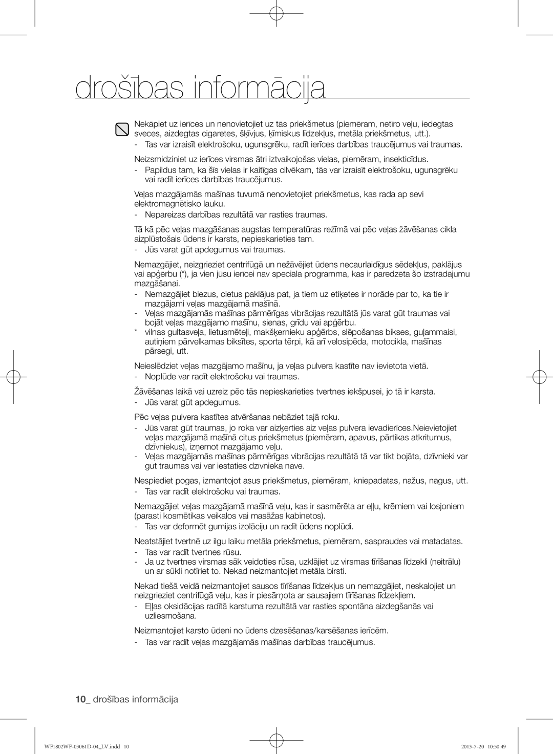 Samsung WF1802WFVS/YLE manual 10 drošības informācija 