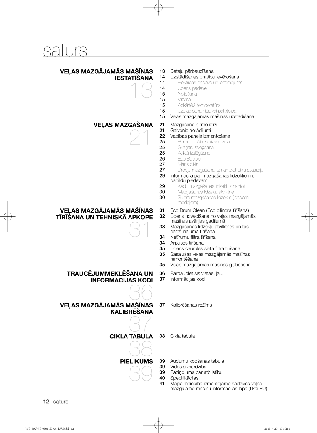 Samsung WF1802WFVS/YLE manual Saturs 