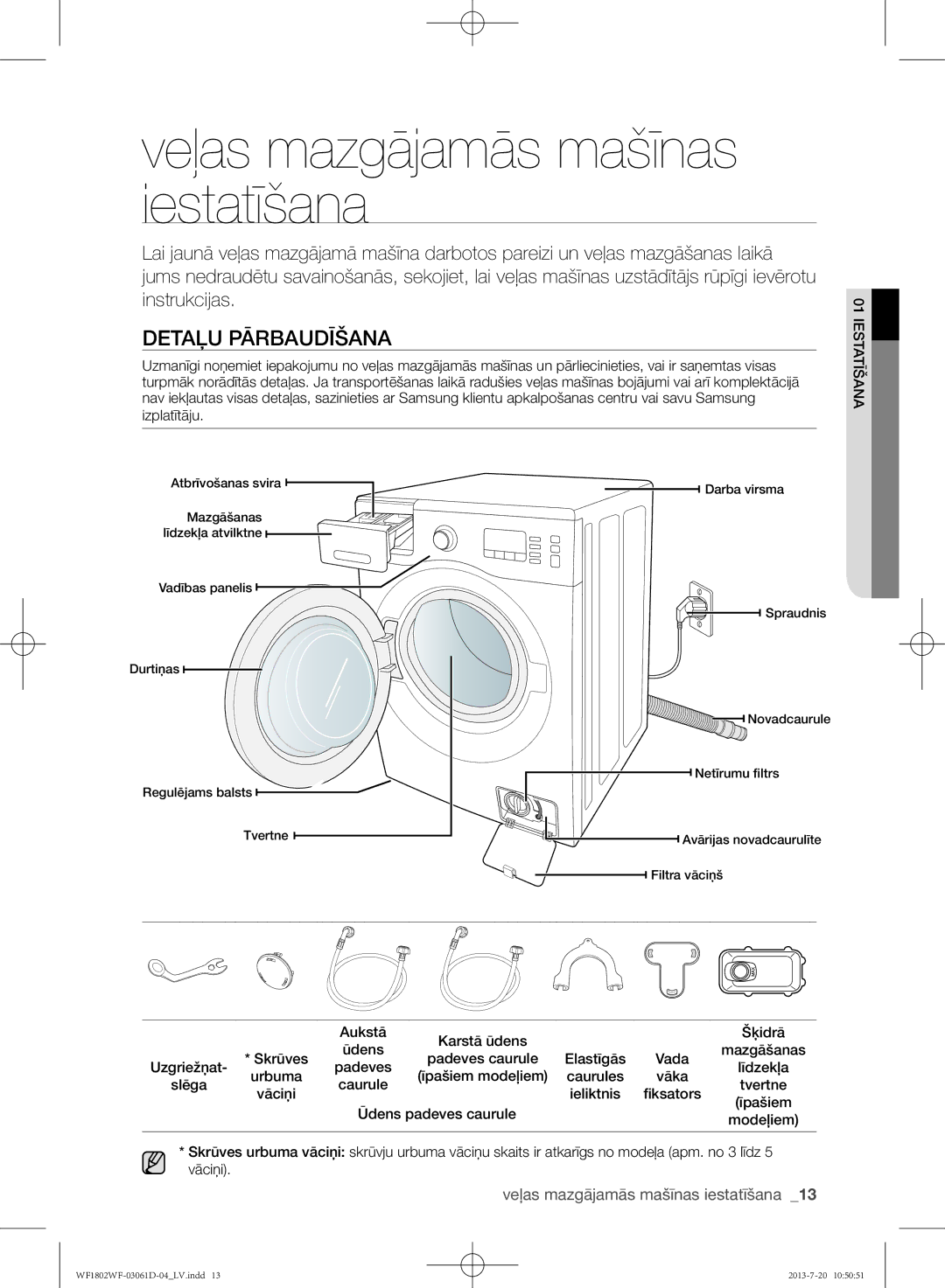 Samsung WF1802WFVS/YLE manual Veļas mazgājamās mašīnas iestatīšana, Detaļu pārbaudīšana 