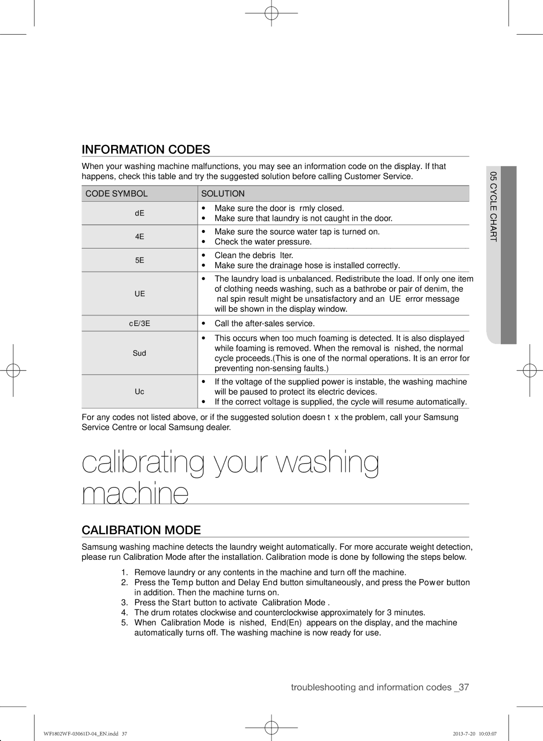 Samsung WF1802WFVS/YLE manual Calibrating your washing machine, Information codes, Calibration mode, Code Symbol Solution 