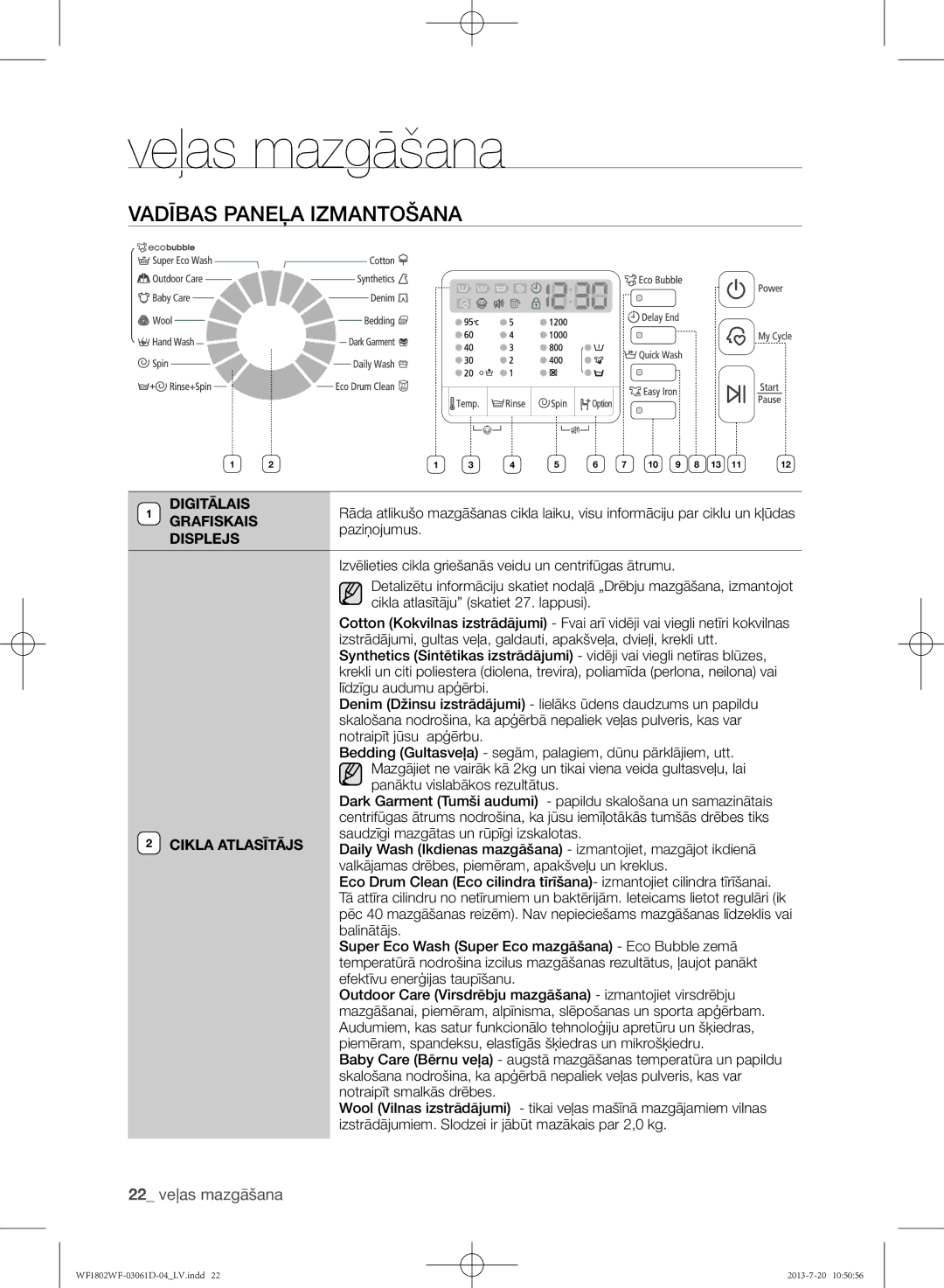 Samsung WF1802WFVS/YLE manual Vadības paneļa izmantošana, 22 veļas mazgāšana 