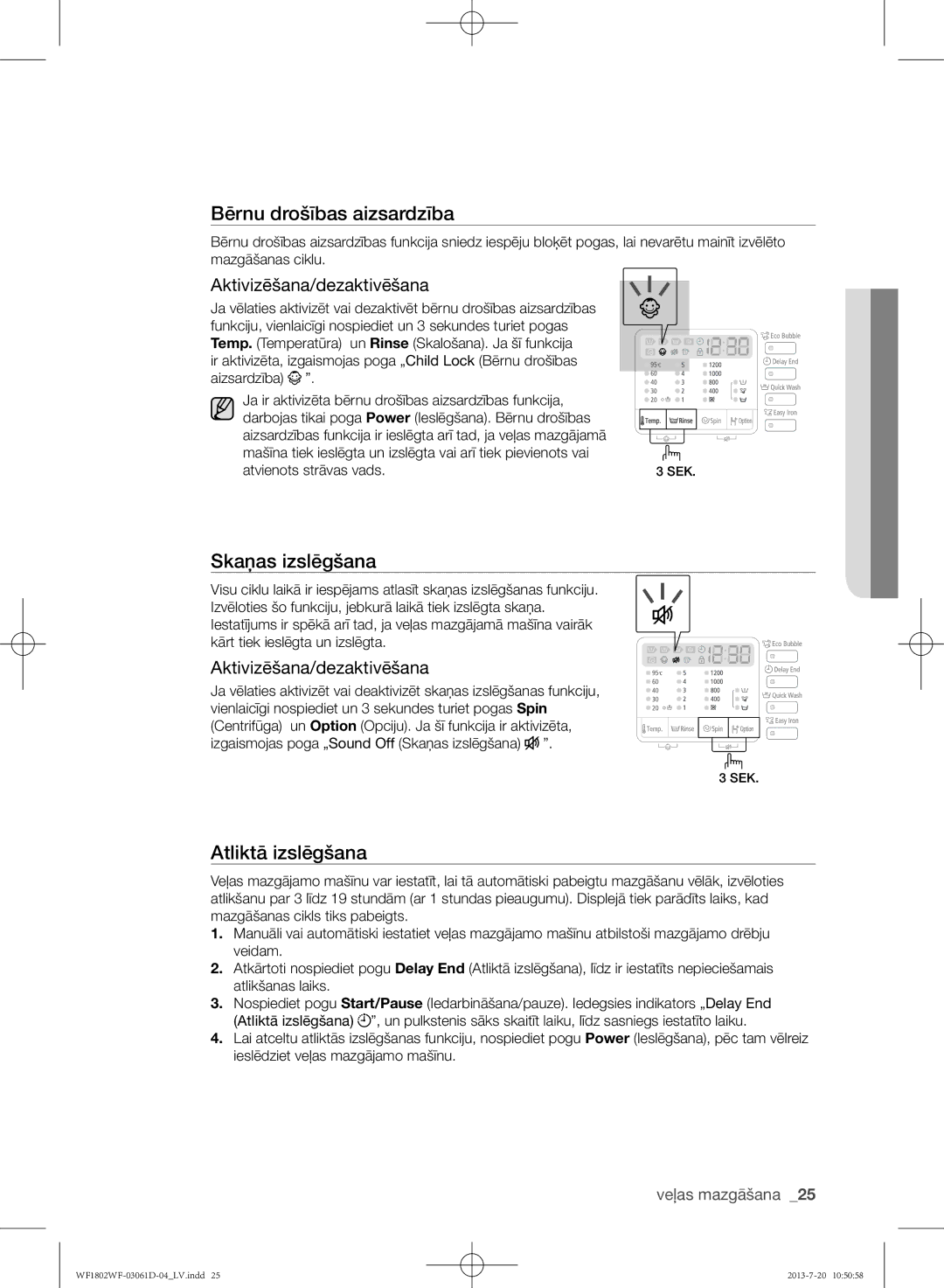 Samsung WF1802WFVS/YLE manual Skaņas izslēgšana, Aktivizēšana/dezaktivēšana 