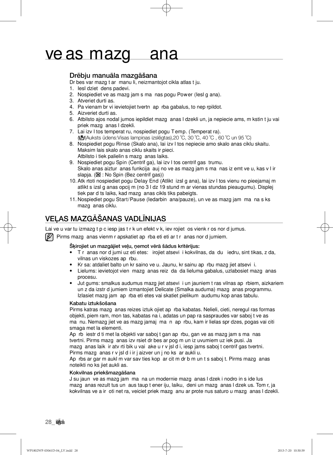 Samsung WF1802WFVS/YLE manual Veļas Mazgāšanas Vadlīnijas, Drēbju manuāla mazgāšana, 28 veļas mazgāšana 