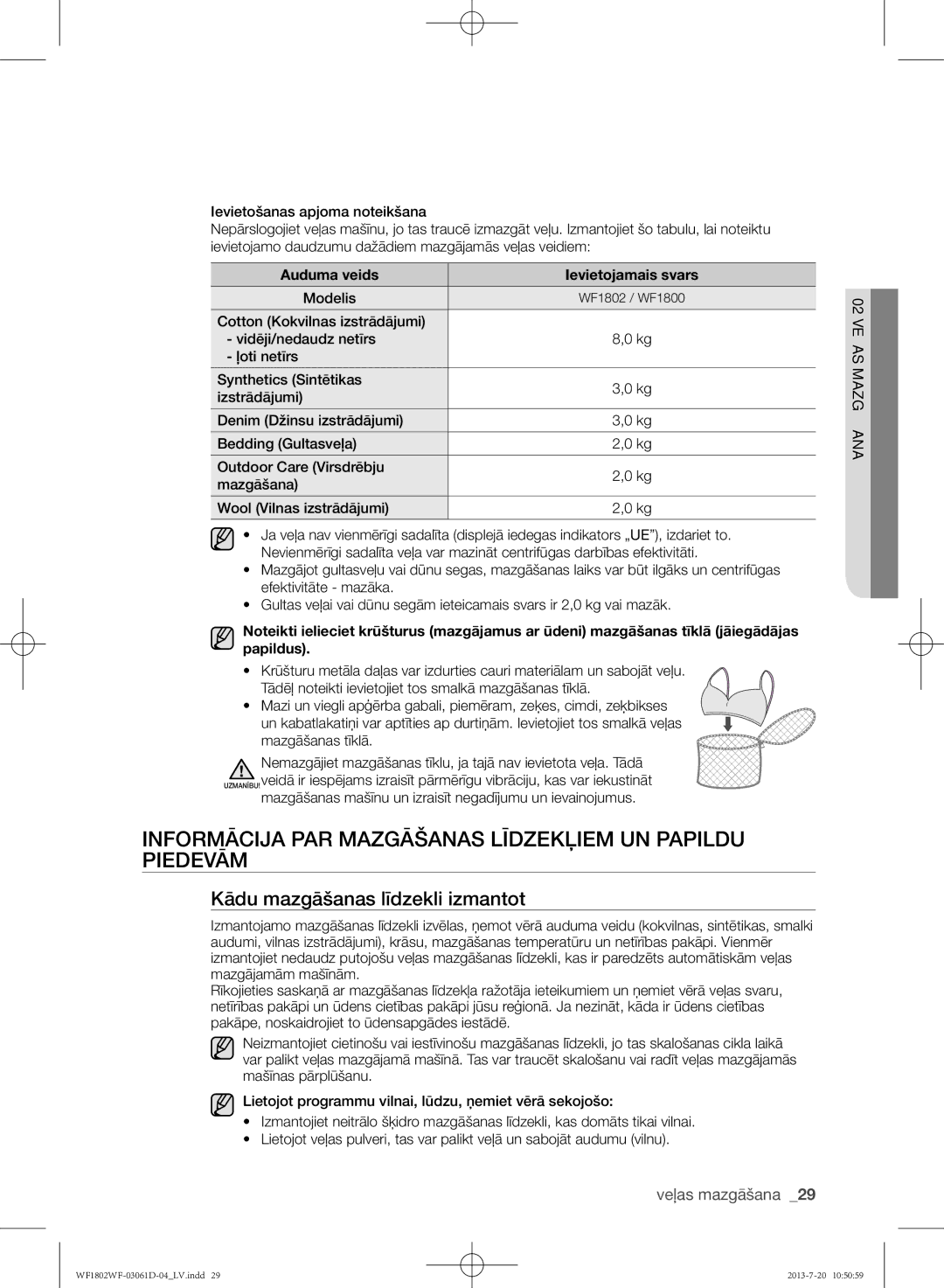 Samsung WF1802WFVS/YLE manual Informācija par mazgāšanas līdzekļiem un papildu piedevām, Kādu mazgāšanas līdzekli izmantot 