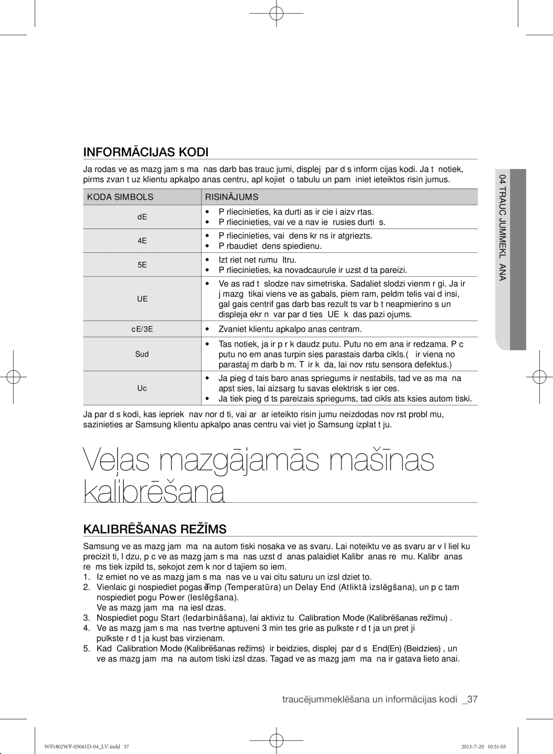 Samsung WF1802WFVS/YLE manual Veļas mazgājamās mašīnas kalibrēšana, Informācijas kodi, Kalibrēšanas režīms 