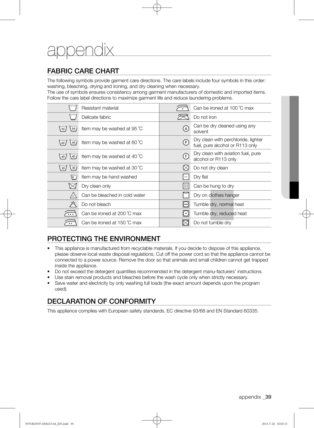 Samsung WF1802WFVS/YLE manual Appendix, Fabric care chart, Protecting the environment, Declaration of conformity 