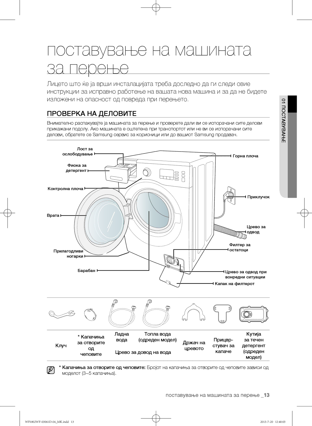 Samsung WF1802WFVS/YLE manual Поставување на машината за перење, Проверка на деловите, Чеповите 