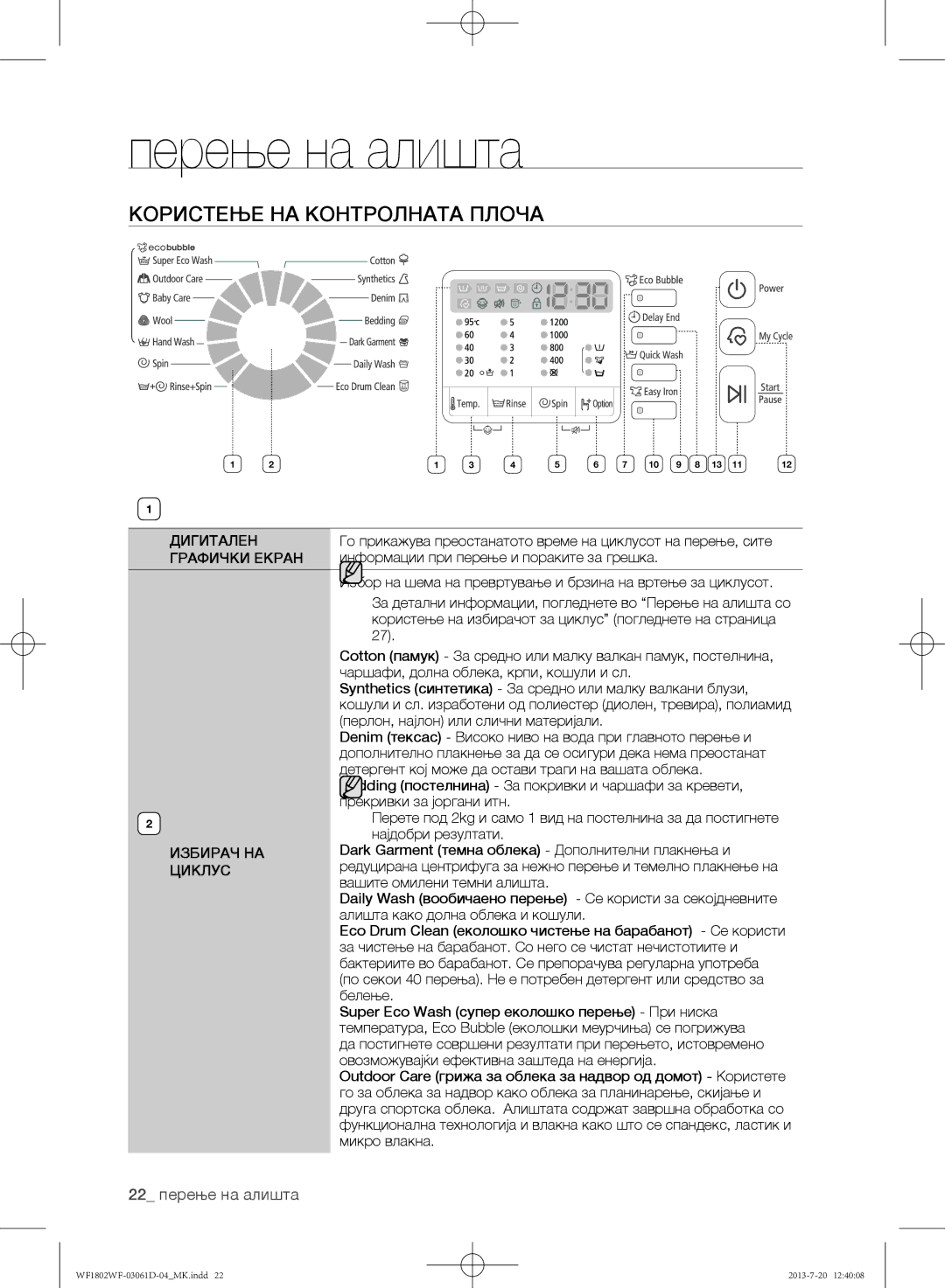 Samsung WF1802WFVS/YLE manual Користење на контролната плоча, 22 перење на алишта 