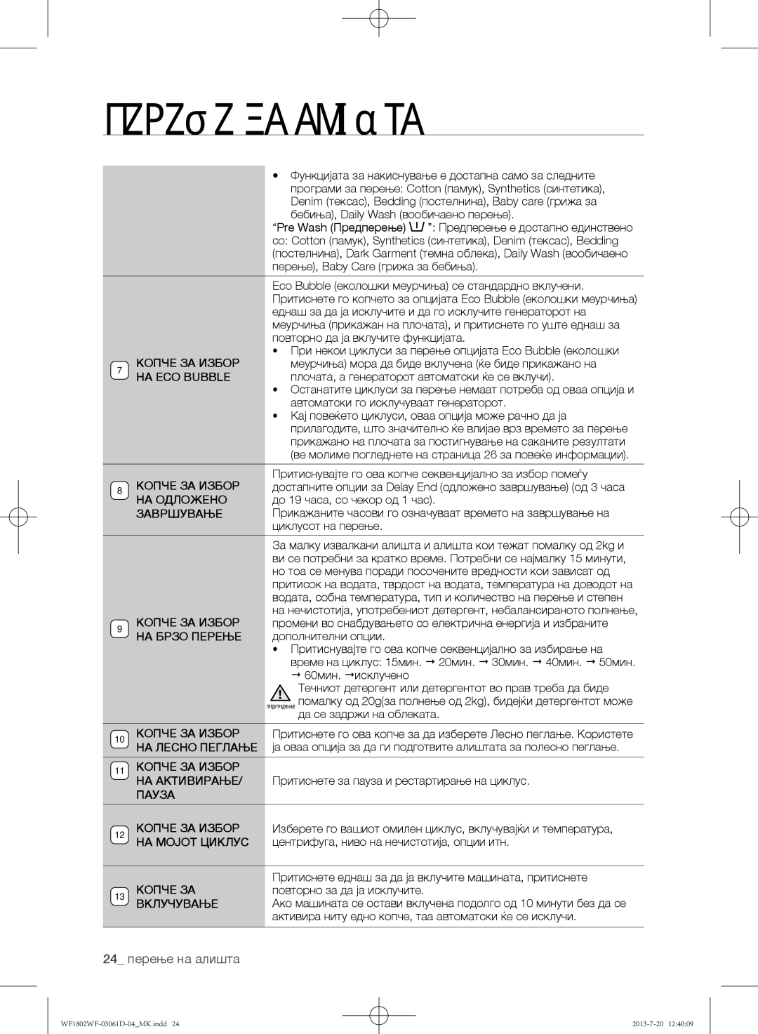 Samsung WF1802WFVS/YLE manual 24 перење на алишта 