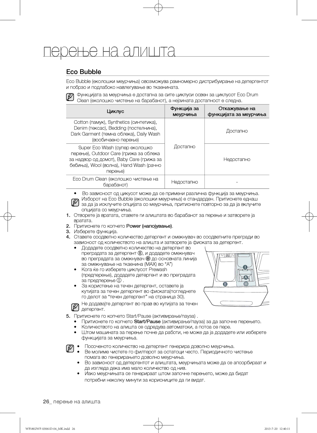 Samsung WF1802WFVS/YLE manual Eco Bubble, 26 перење на алишта 