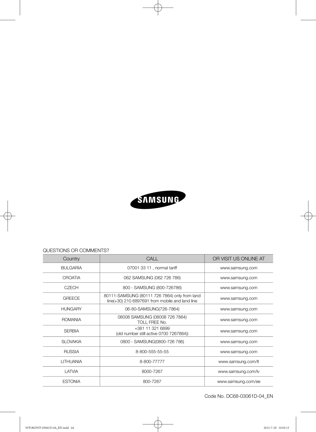 Samsung WF1802WFVS/YLE manual Questions or COMMENTS?, Country, Call Or Visit US Online AT, Code No. DC68-03061D-04EN 