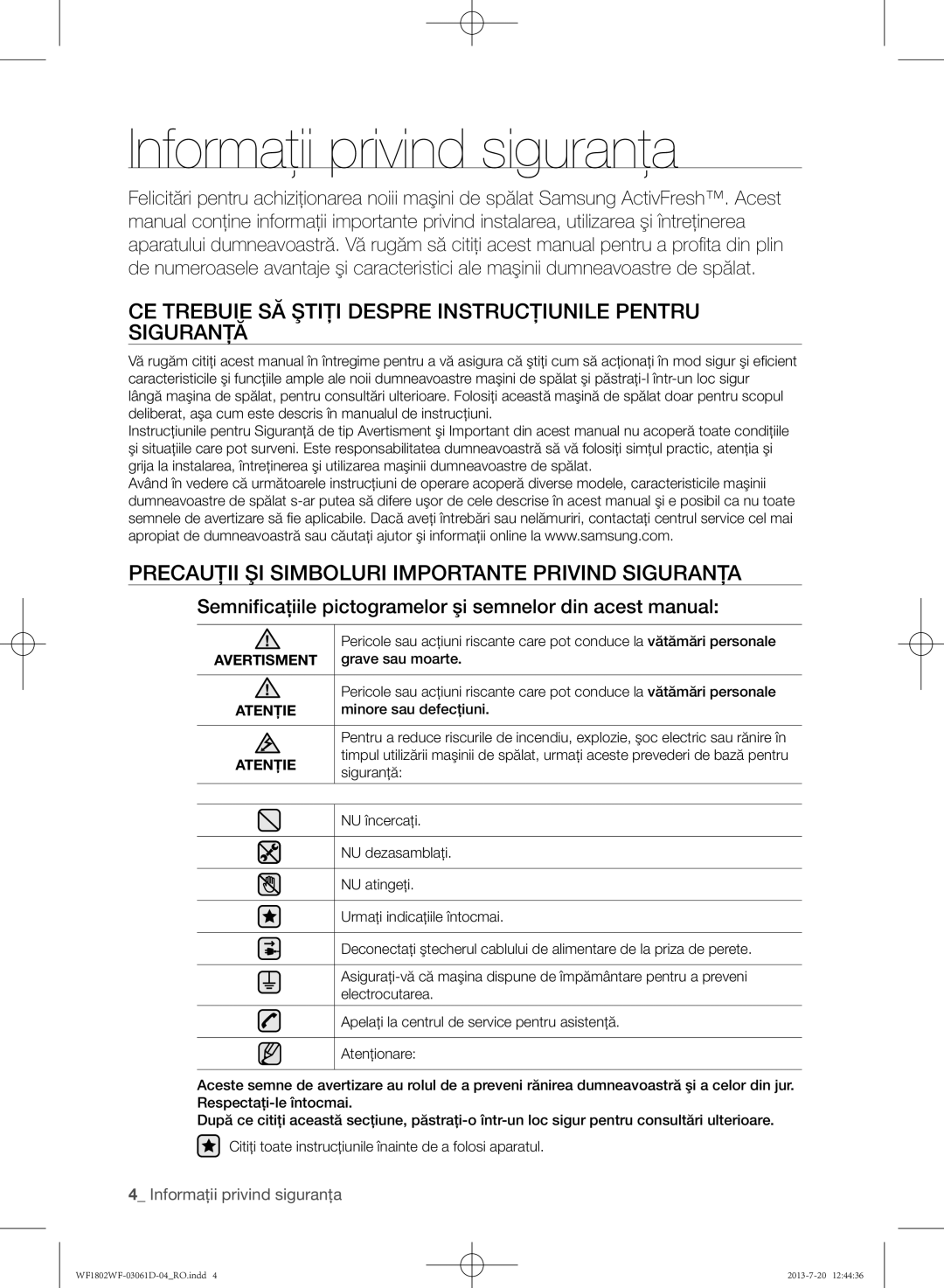 Samsung WF1802WFVS/YLE manual Informaţii privind siguranţa, CE Trebuie SĂ Ştiţi Despre Instrucţiunile Pentru Siguranţă 