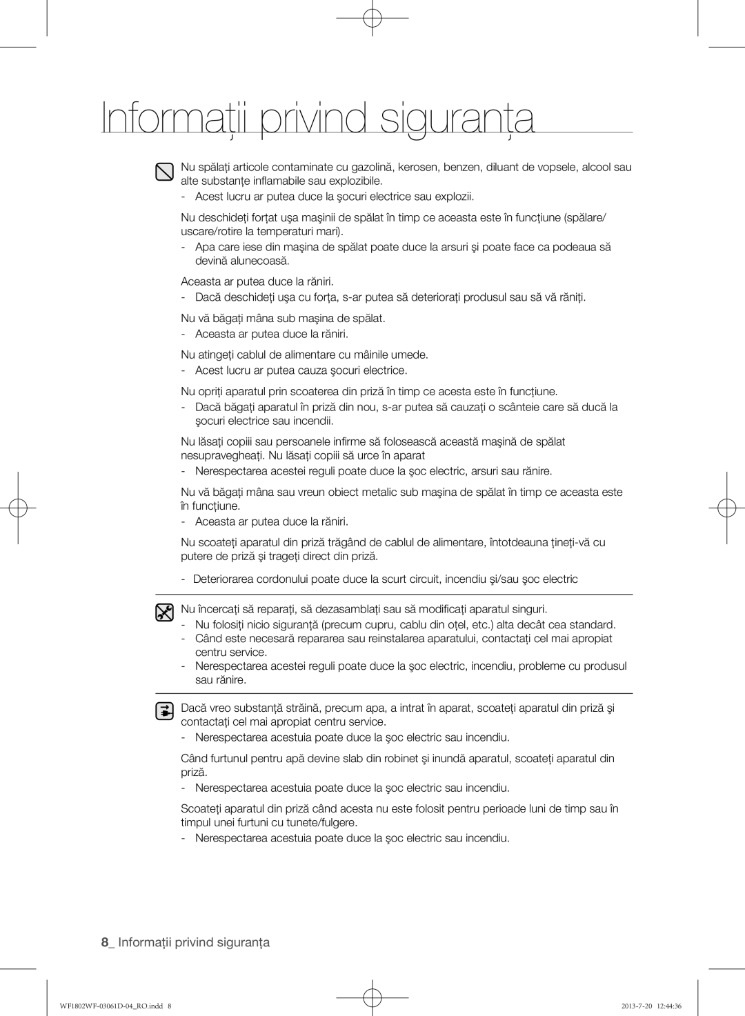 Samsung WF1802WFVS/YLE manual Informaţii privind siguranţa 