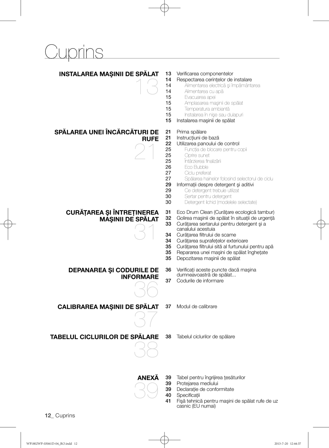 Samsung WF1802WFVS/YLE manual Cuprins 