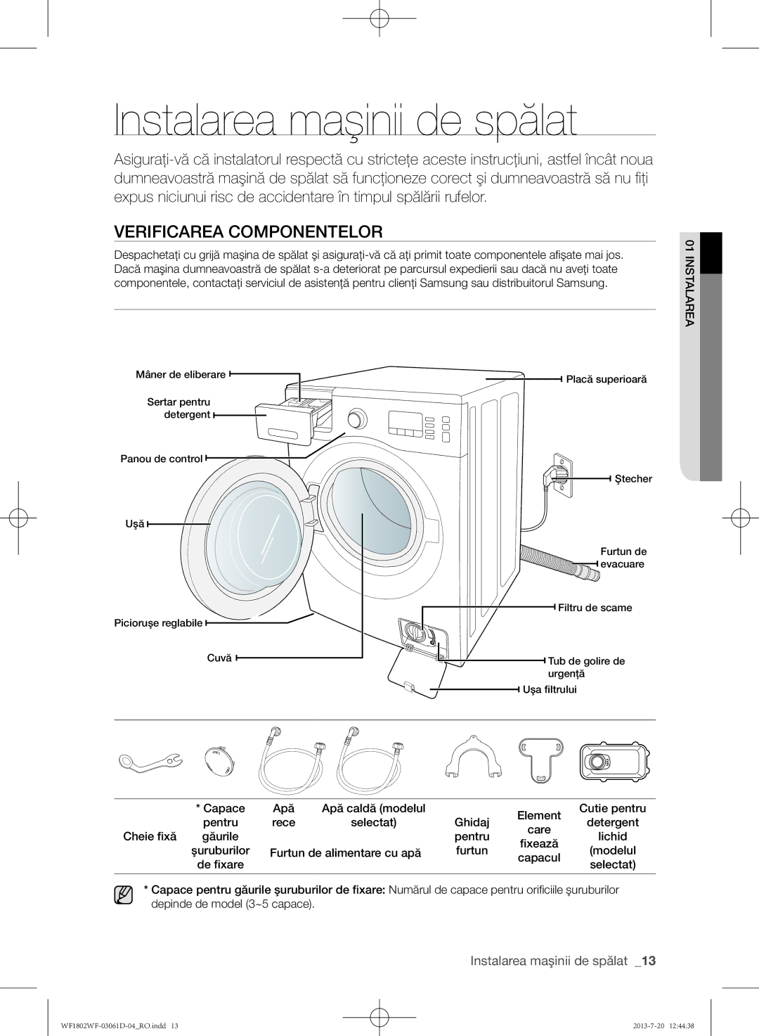 Samsung WF1802WFVS/YLE manual Instalarea maşinii de spălat, Verificarea componentelor 