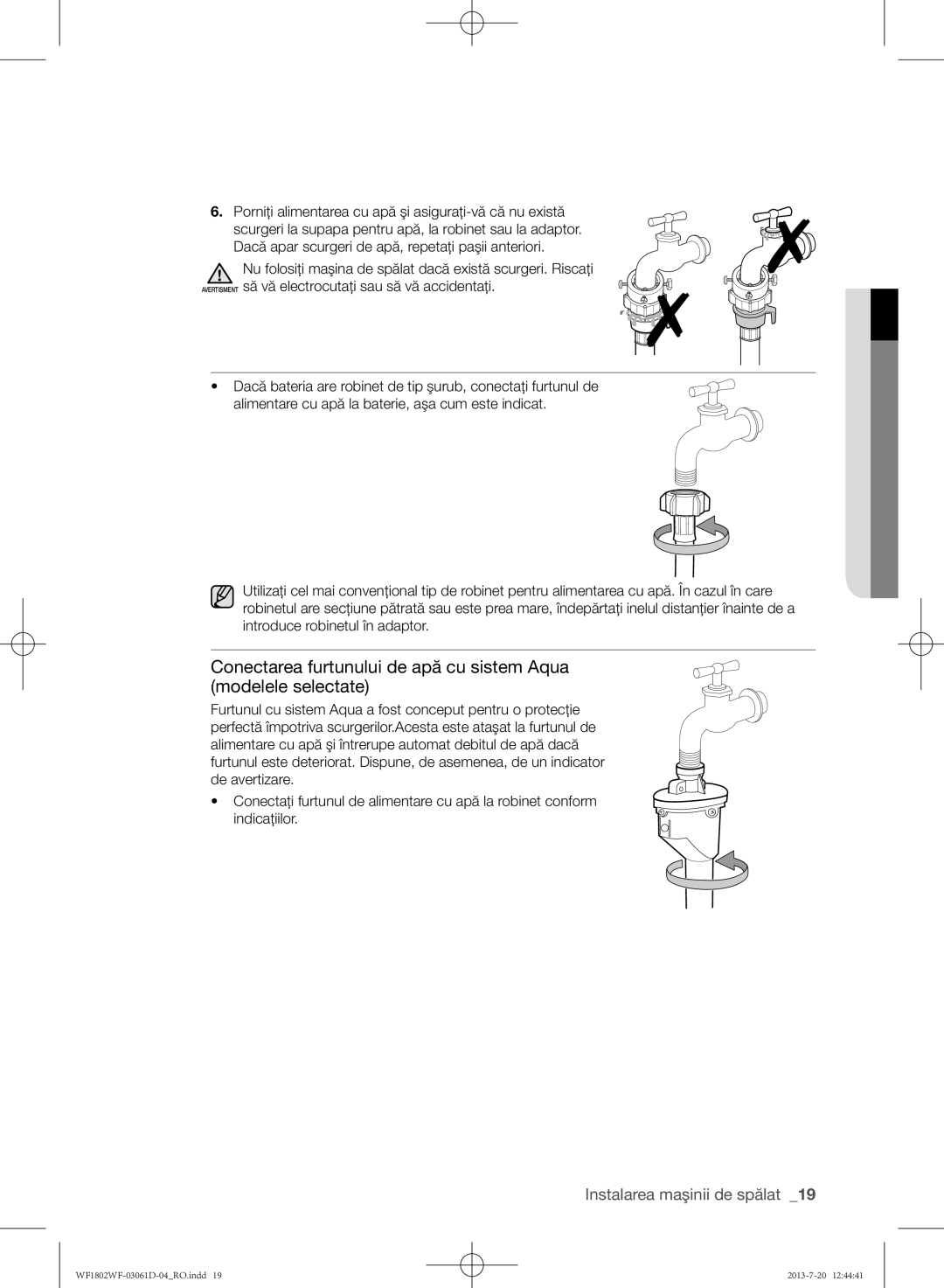 Samsung WF1802WFVS/YLE manual Instalarea maşinii de spălat 