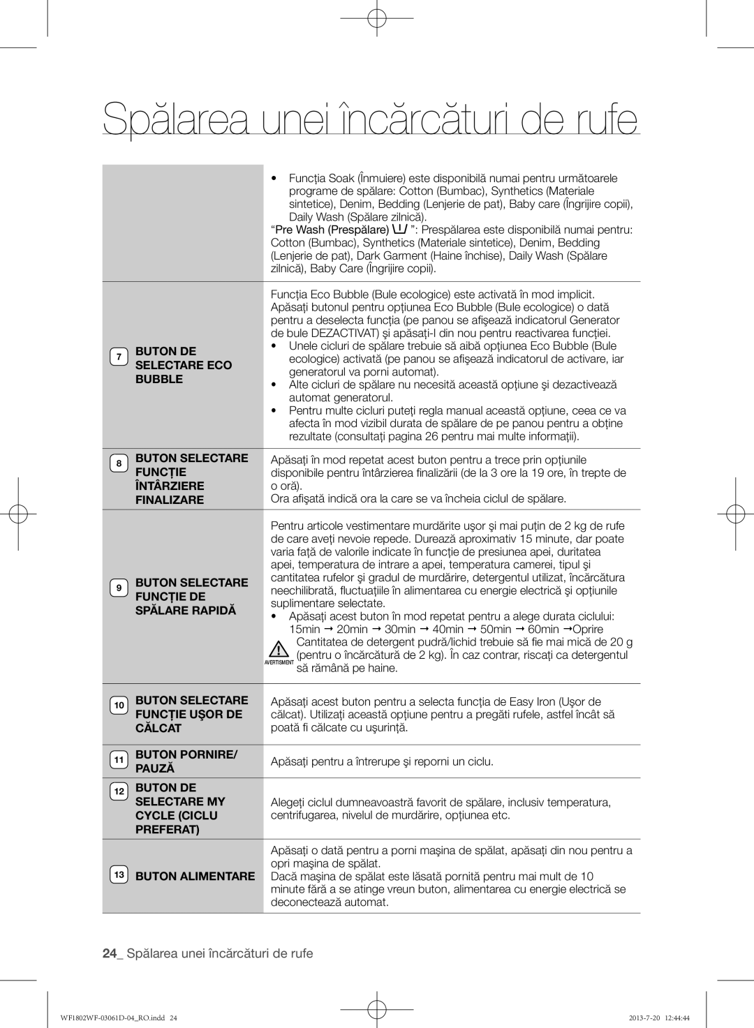 Samsung WF1802WFVS/YLE manual 24 Spălarea unei încărcături de rufe 