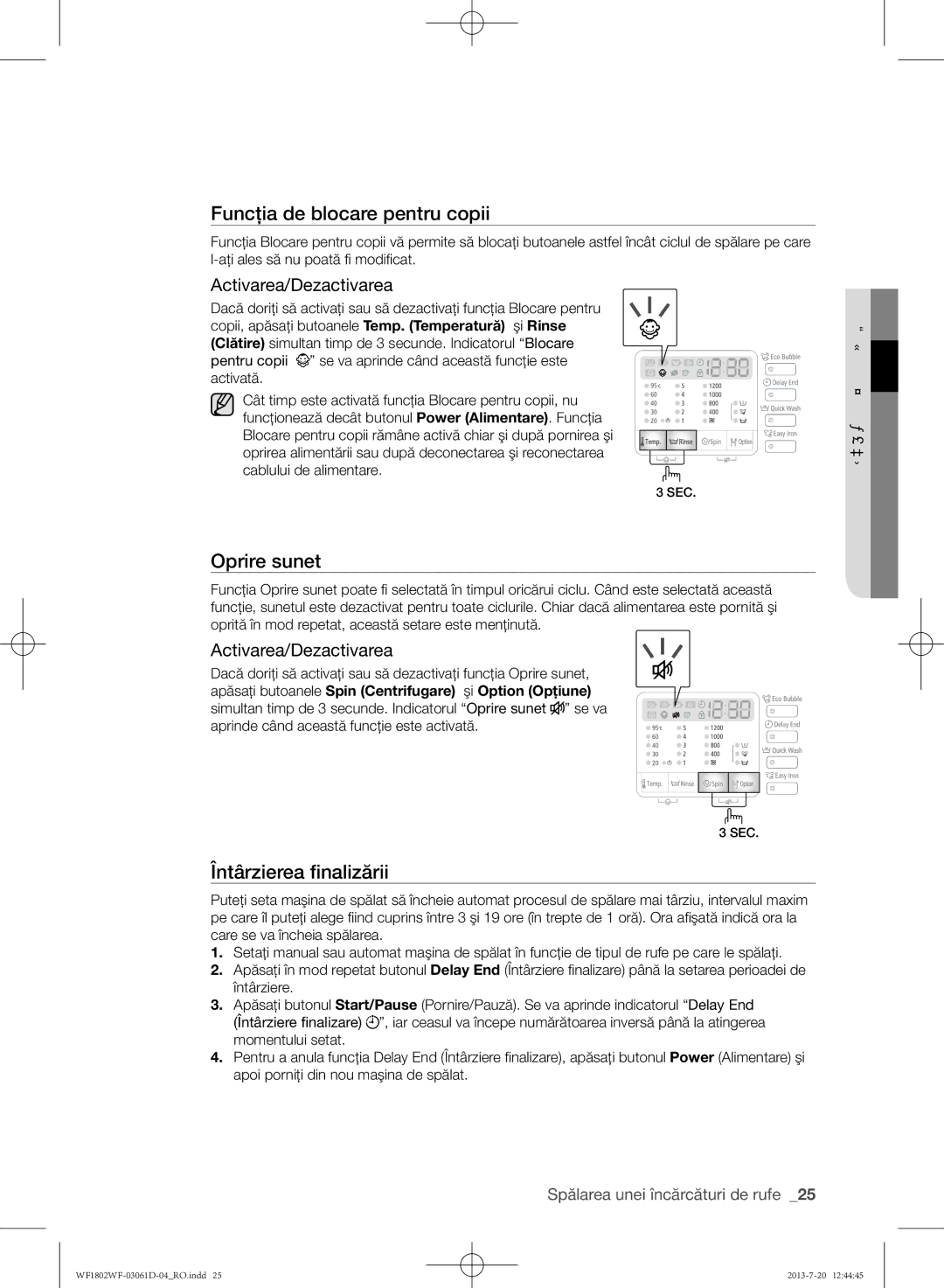 Samsung WF1802WFVS/YLE manual Funcţia de blocare pentru copii, Oprire sunet, Activarea/Dezactivarea 