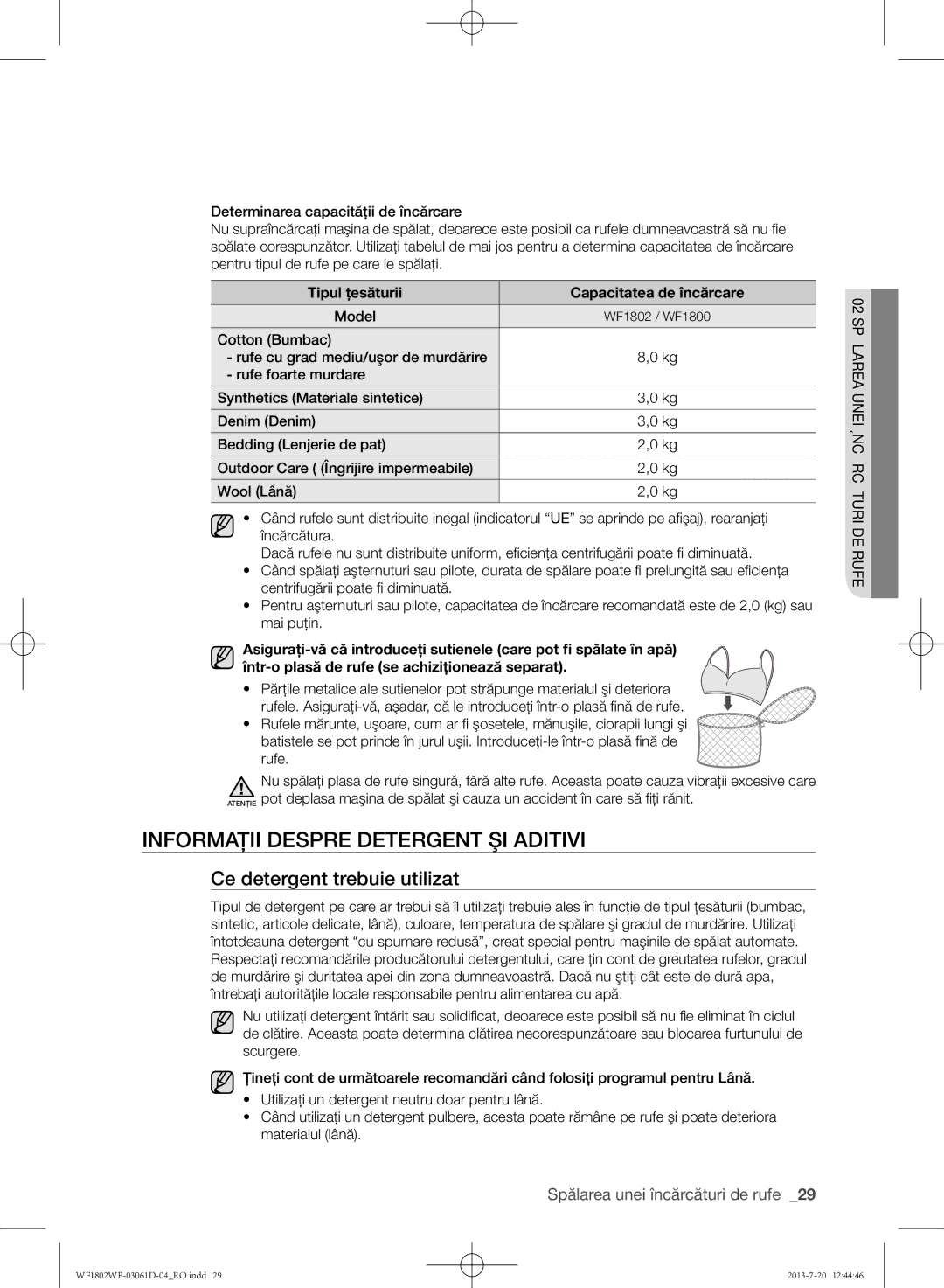 Samsung WF1802WFVS/YLE manual Informaţii despre detergent şi aditivi, Ce detergent trebuie utilizat 