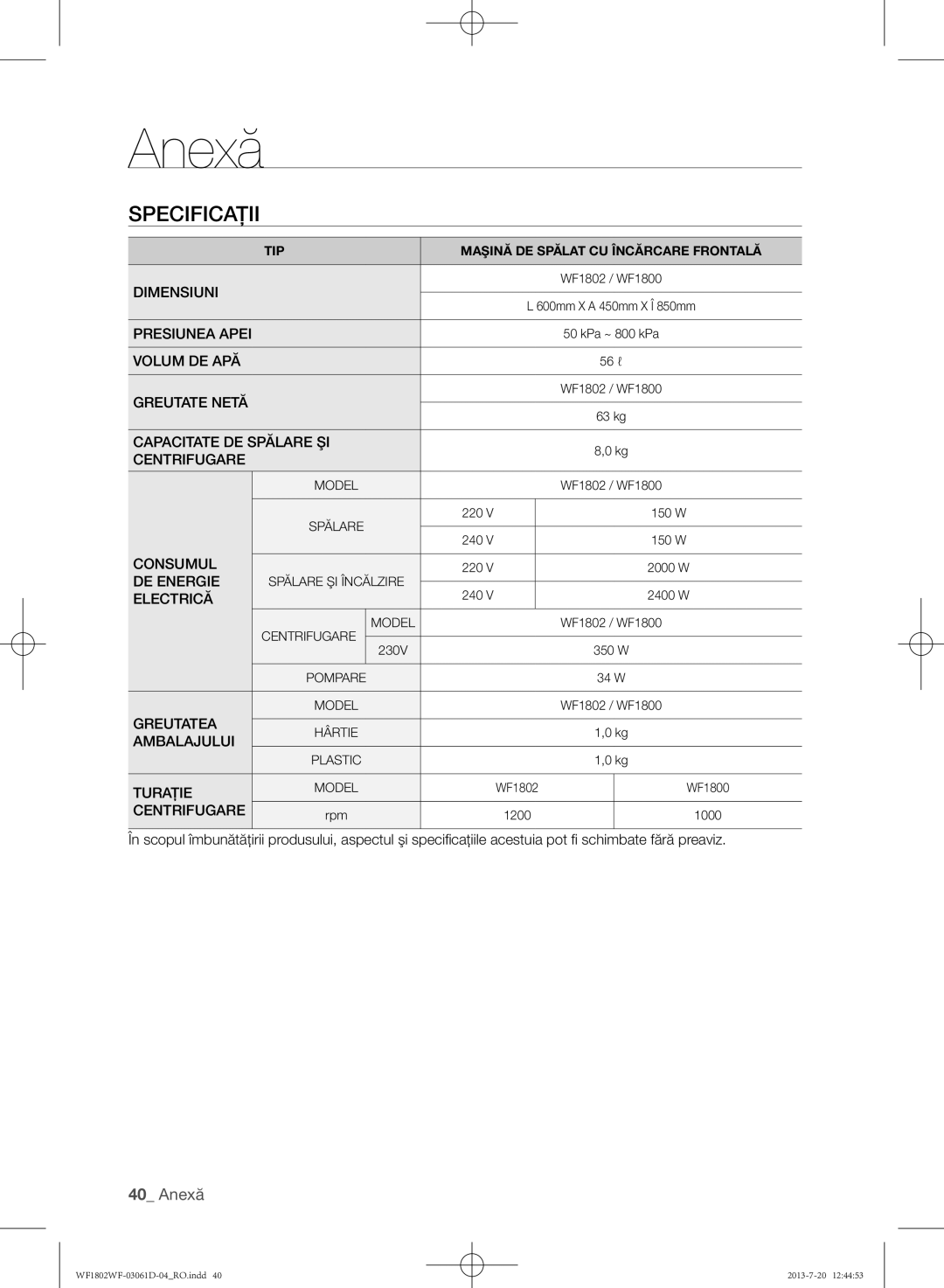 Samsung WF1802WFVS/YLE manual Specificaţii 