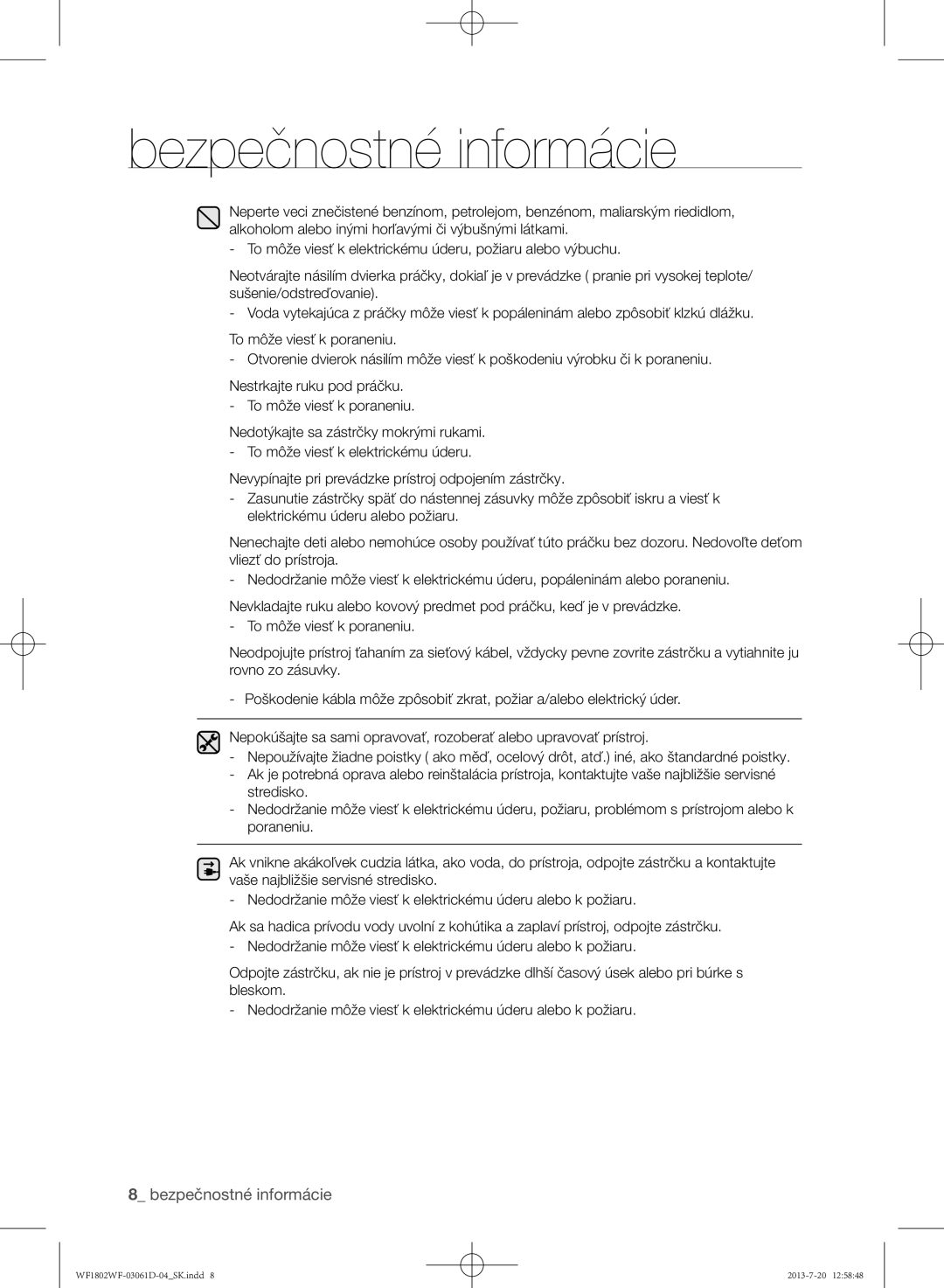 Samsung WF1802WFVS/YLE manual Bezpečnostné informácie 