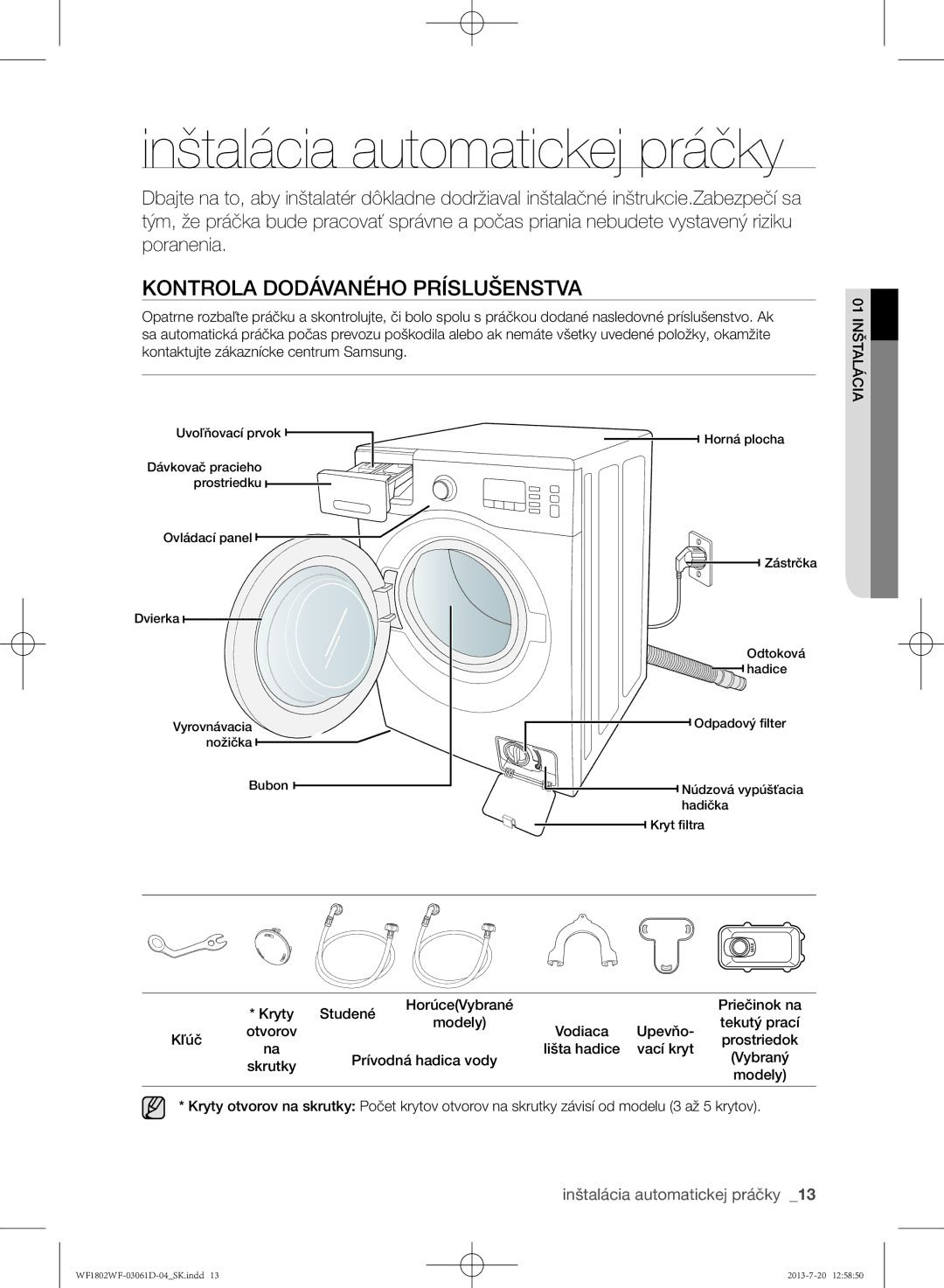 Samsung WF1802WFVS/YLE manual Kontrola dodávaného príslušenstva, Inštalácia automatickej práčky, 01 Inštalácia 