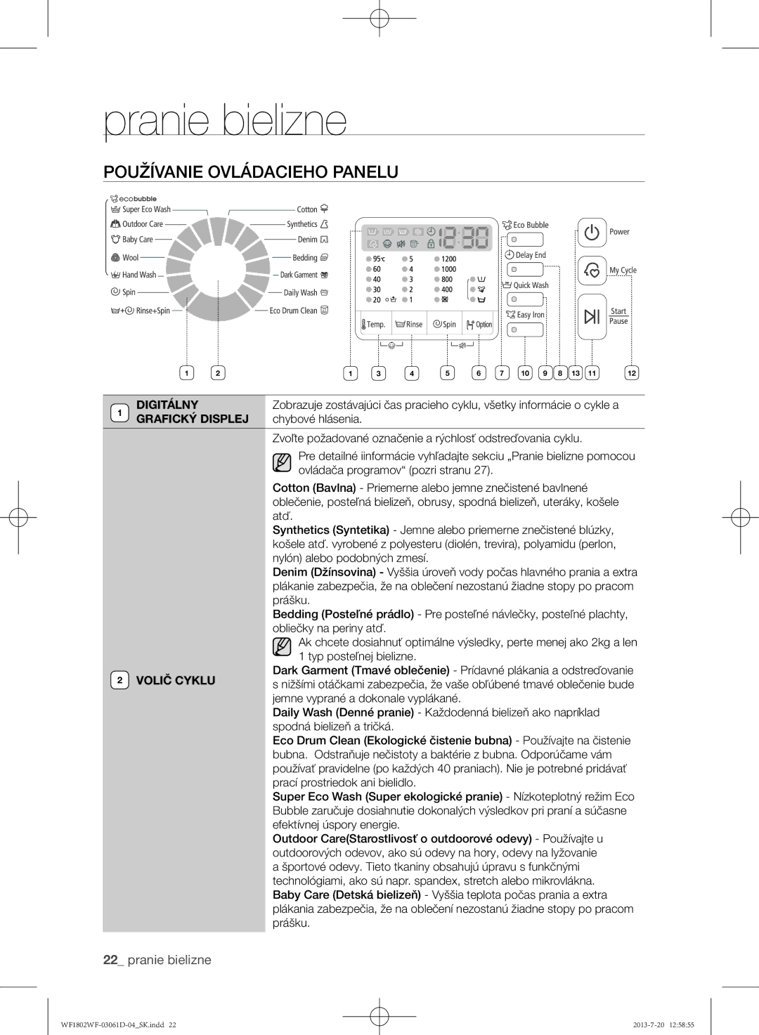 Samsung WF1802WFVS/YLE manual Používanie ovládacieho panelu, Digitálny, Chybové hlásenia 