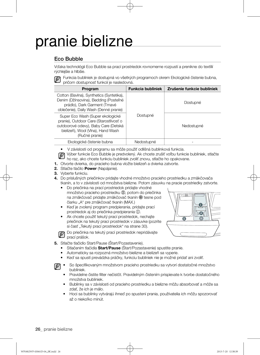 Samsung WF1802WFVS/YLE manual Eco Bubble, Program Funkcia bubliniek Zrušenie funkcie bubliniek 