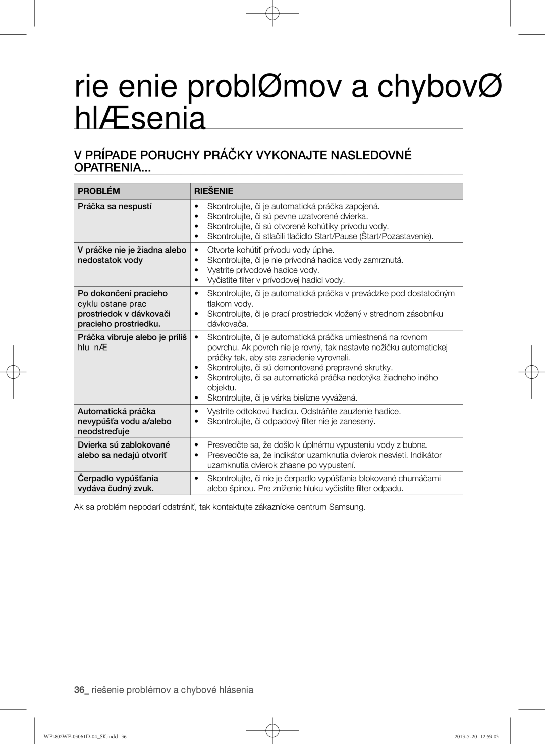 Samsung WF1802WFVS/YLE manual Riešenie problémov a chybové hlásenia, Prípade poruchy práčky vykonajte nasledovné Opatrenia 