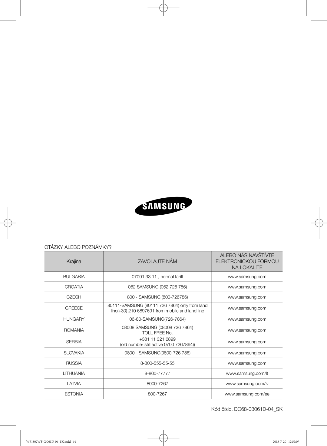 Samsung WF1802WFVS/YLE manual Otázky Alebo POZNÁMKY? Alebo NÁS Navštívte, Zavolajte NÁM, Kód číslo. DC68-03061D-04SK 