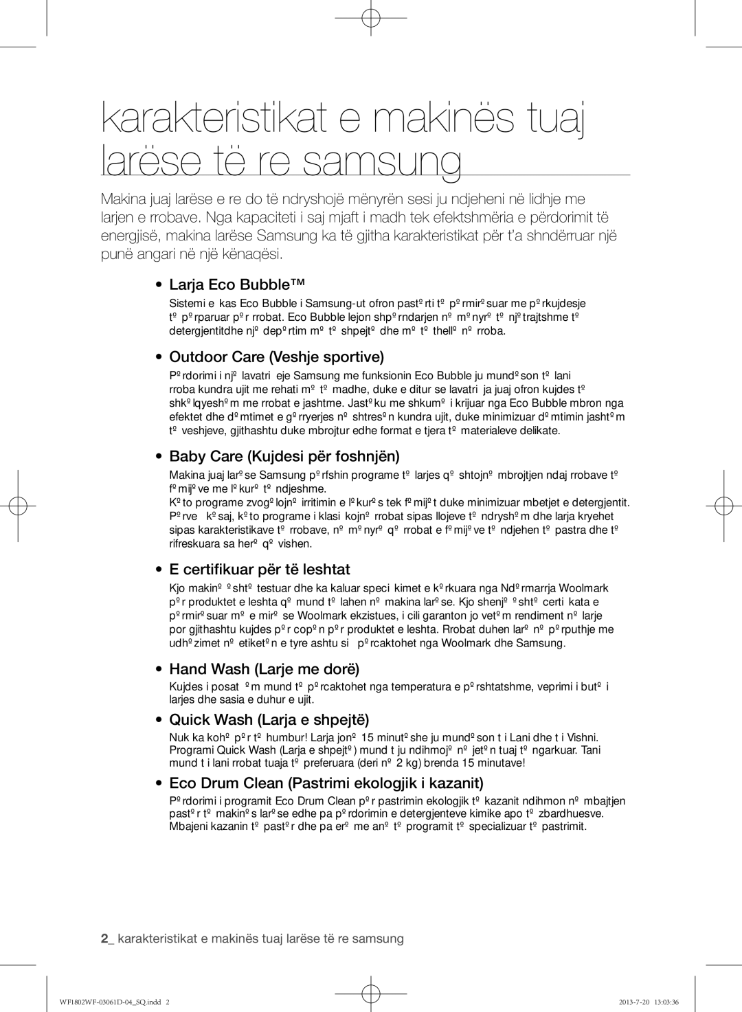 Samsung WF1802WFVS/YLE manual Karakteristikat e makinës tuaj larëse të re samsung 