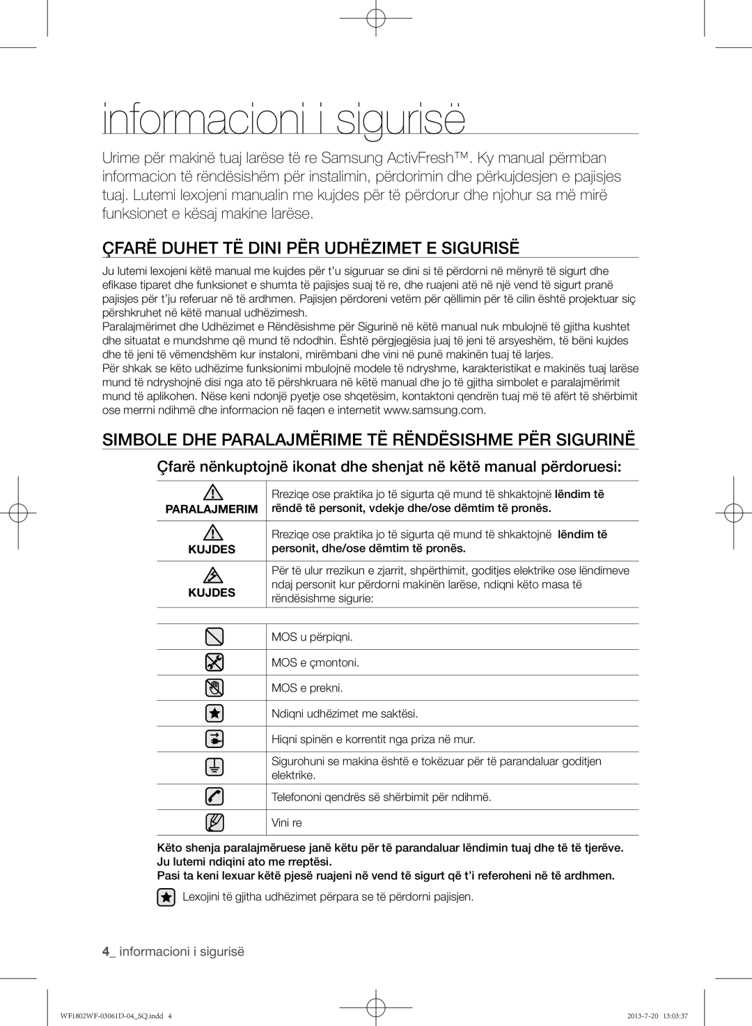 Samsung WF1802WFVS/YLE manual Informacioni i sigurisë, Çfarë Duhet TË Dini PËR Udhëzimet E Sigurisë 