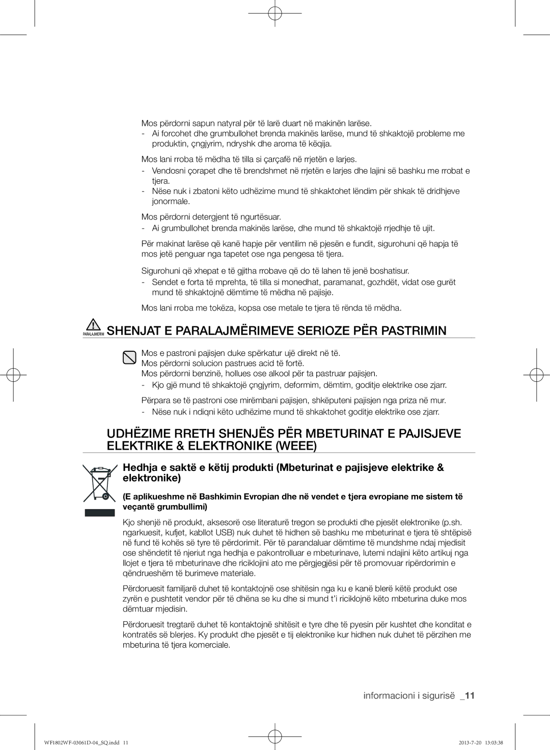 Samsung WF1802WFVS/YLE manual Paralajmerim Shenjat E Paralajmërimeve Serioze PËR Pastrimin 