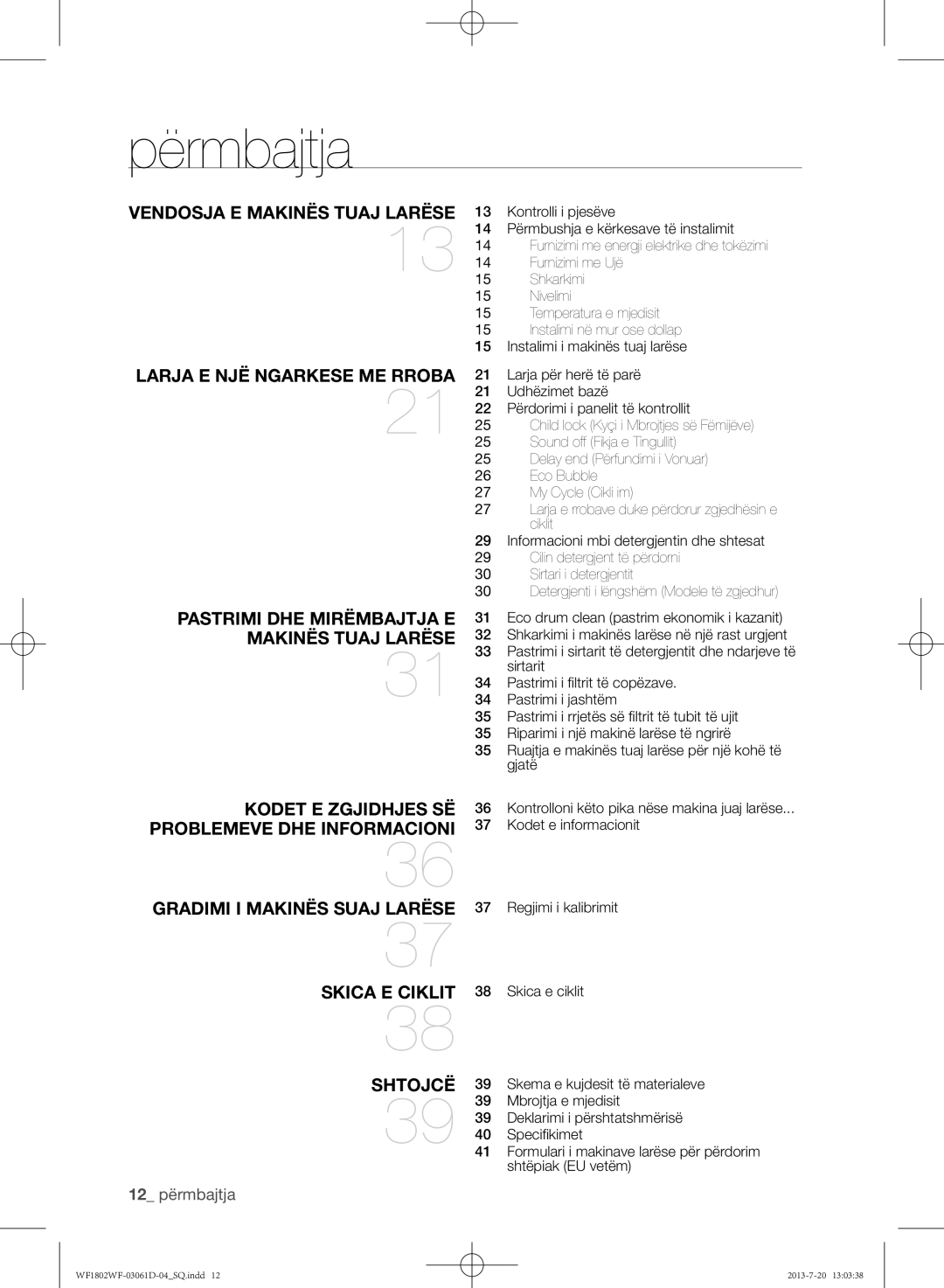 Samsung WF1802WFVS/YLE manual Përmbajtja, 12 përmbajtja 