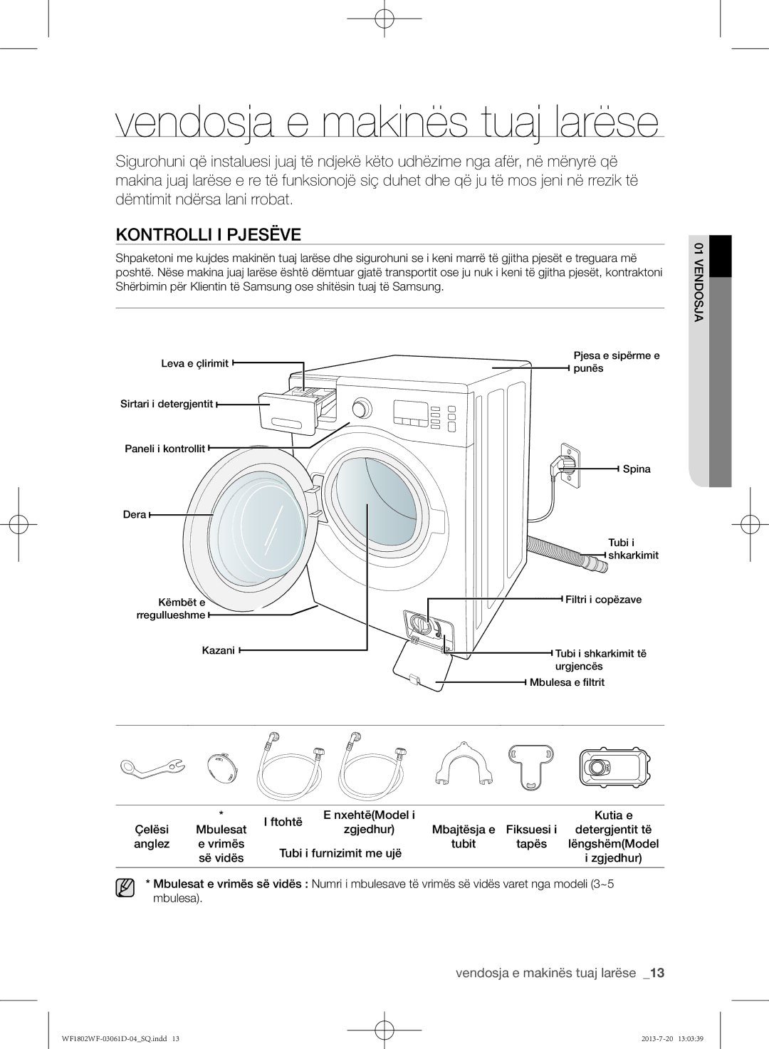 Samsung WF1802WFVS/YLE manual Kontrolli i pjesëve, Vendosja e makinës tuaj larëse, Detergjentit të, Anglez 