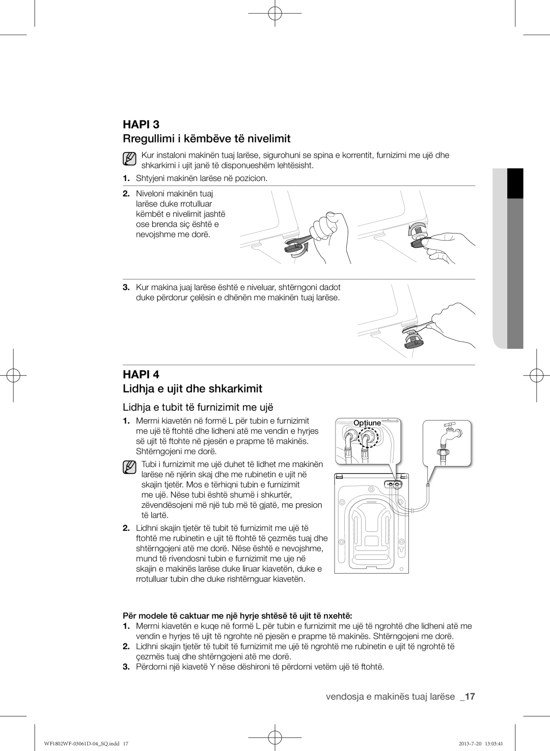 Samsung WF1802WFVS/YLE manual Rregullimi i këmbëve të nivelimit, Lidhja e ujit dhe shkarkimit 