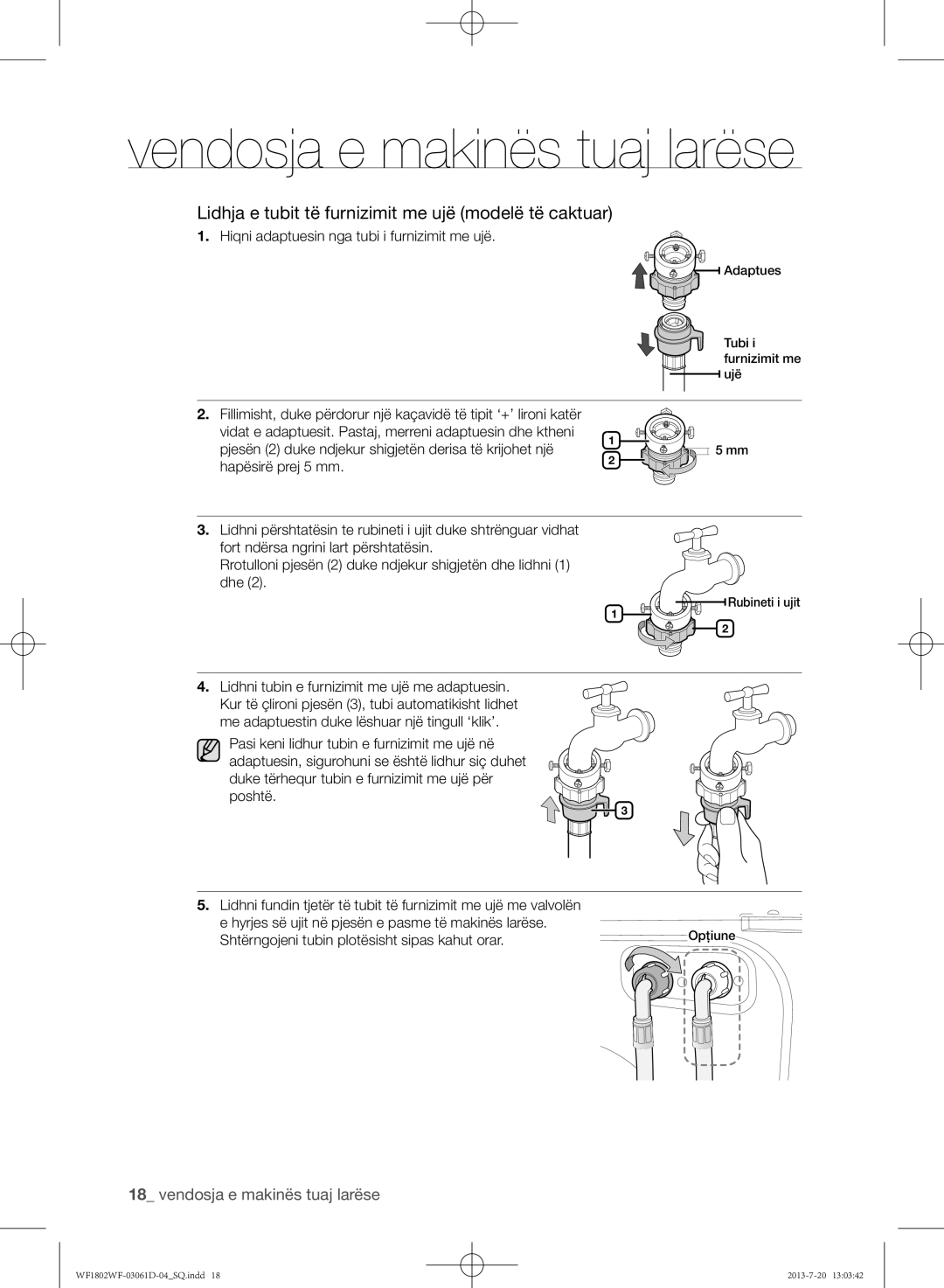 Samsung WF1802WFVS/YLE manual Lidhja e tubit të furnizimit me ujë modelë të caktuar 