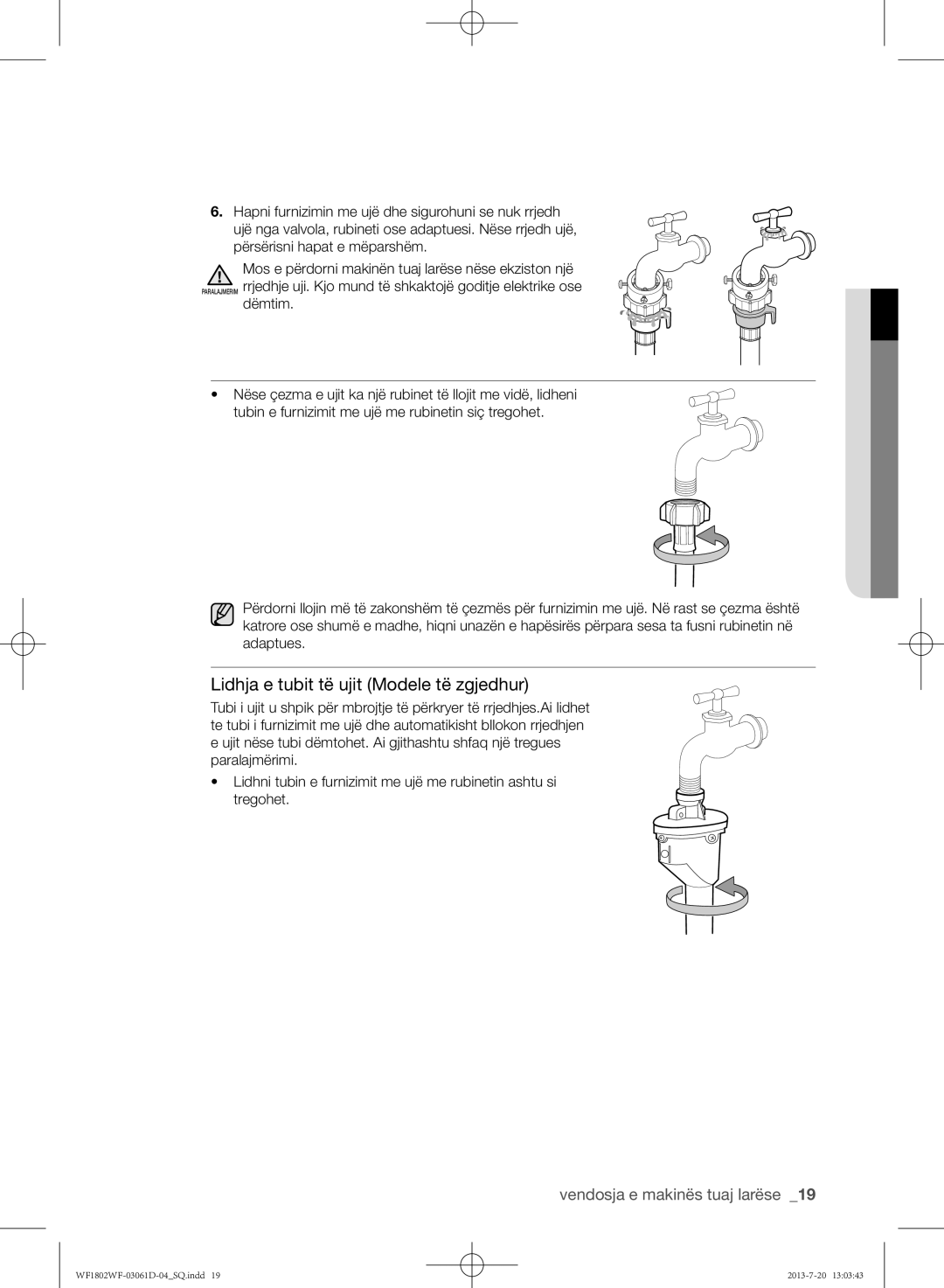 Samsung WF1802WFVS/YLE manual Lidhja e tubit të ujit Modele të zgjedhur 