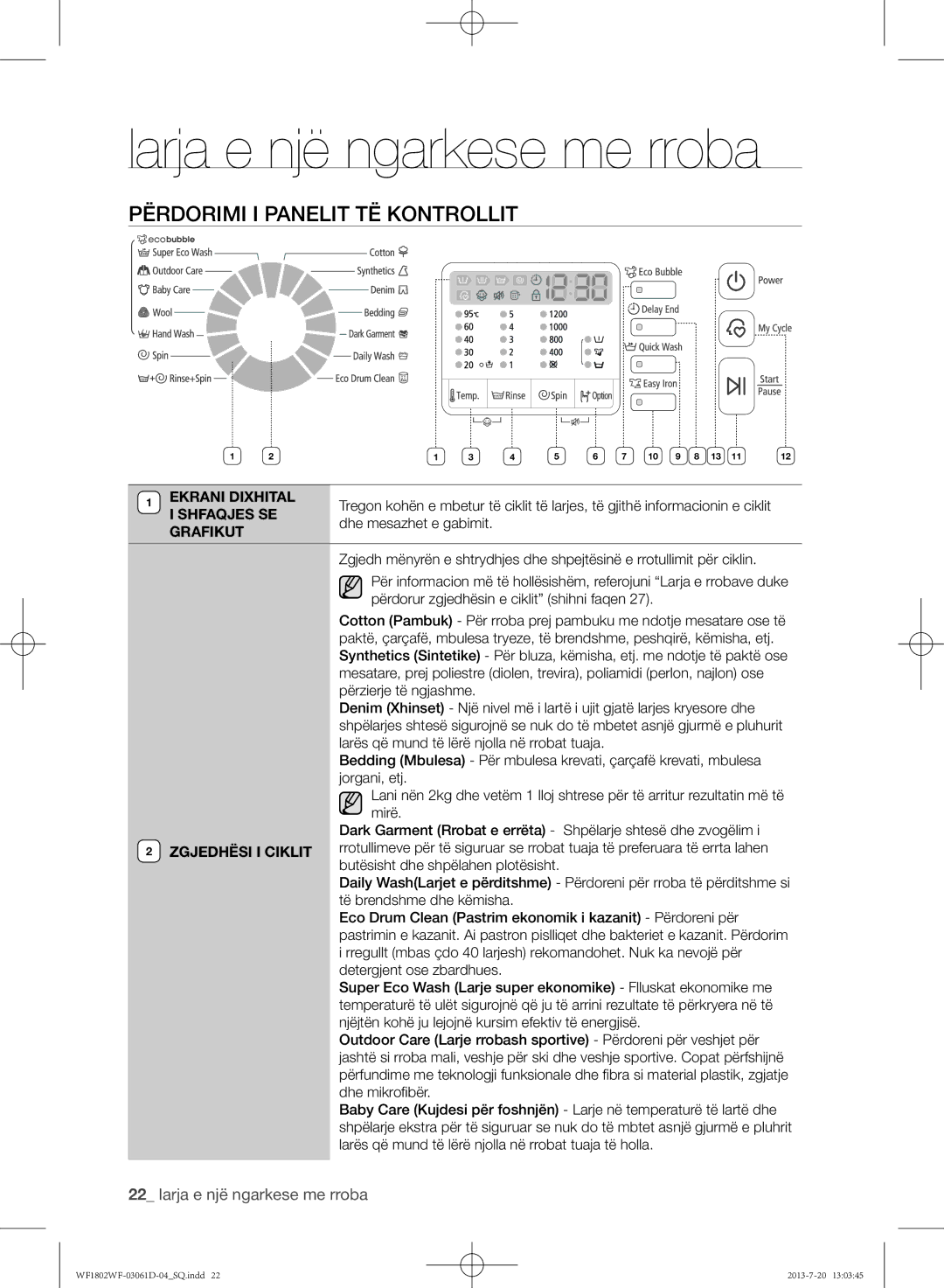 Samsung WF1802WFVS/YLE manual Larja e një ngarkese me rroba, Përdorimi i panelit të kontrollit 